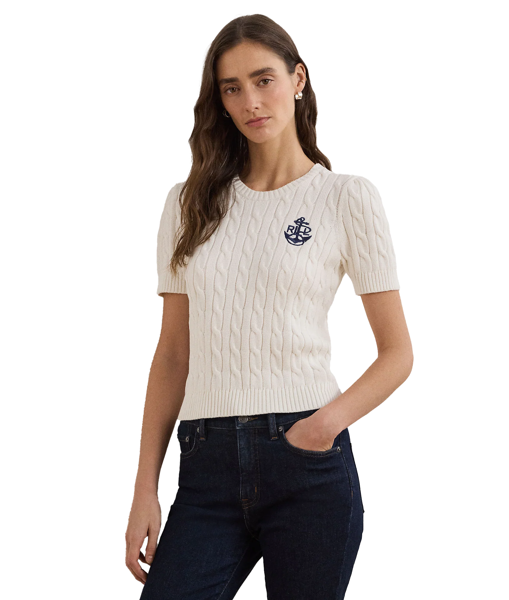 Cable-Knit Cotton Short-Sleeve Sweater - Cream - Image 3