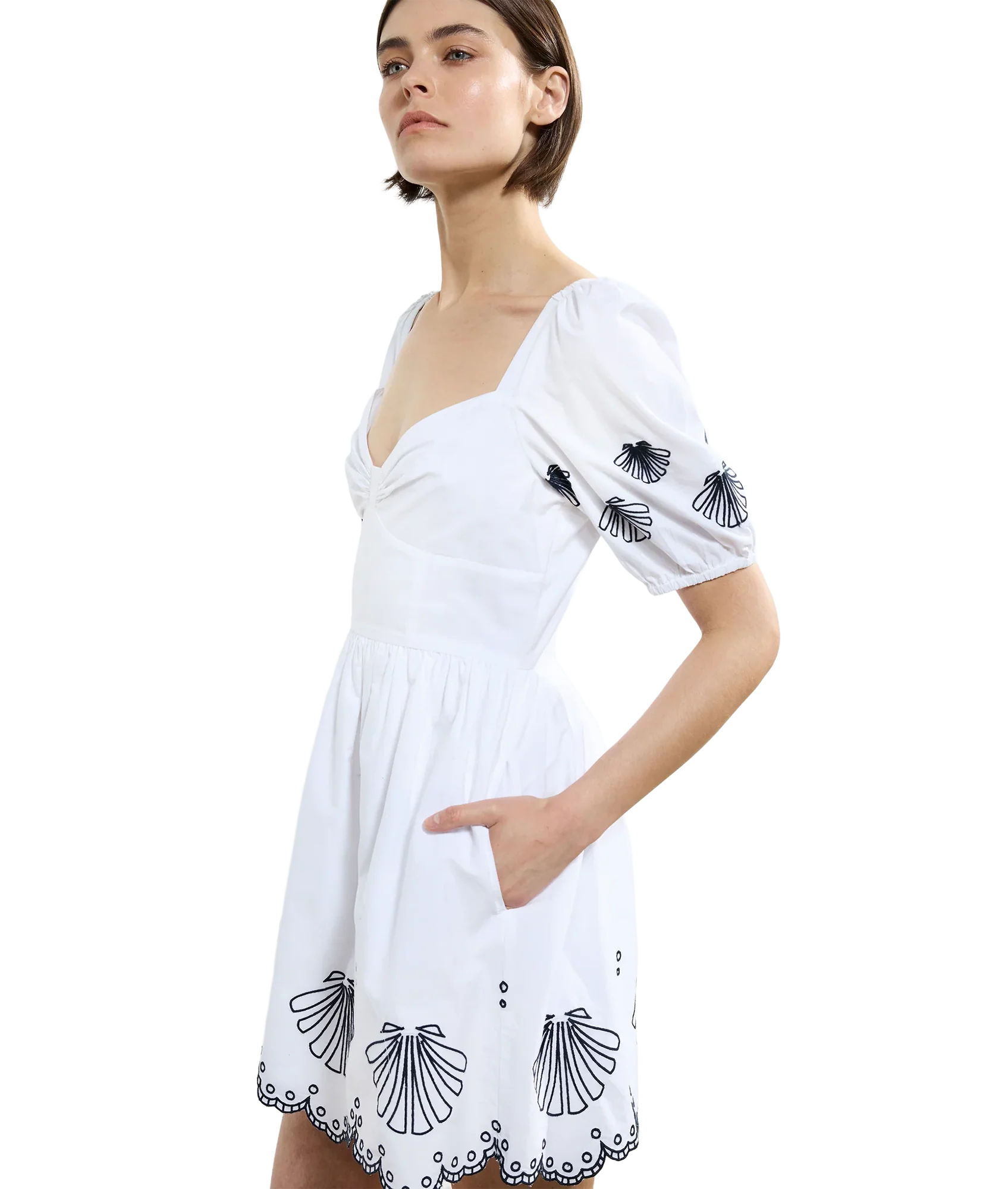 Cambria Cotton Anglaise Dress - Linen White/Navy - Image 4