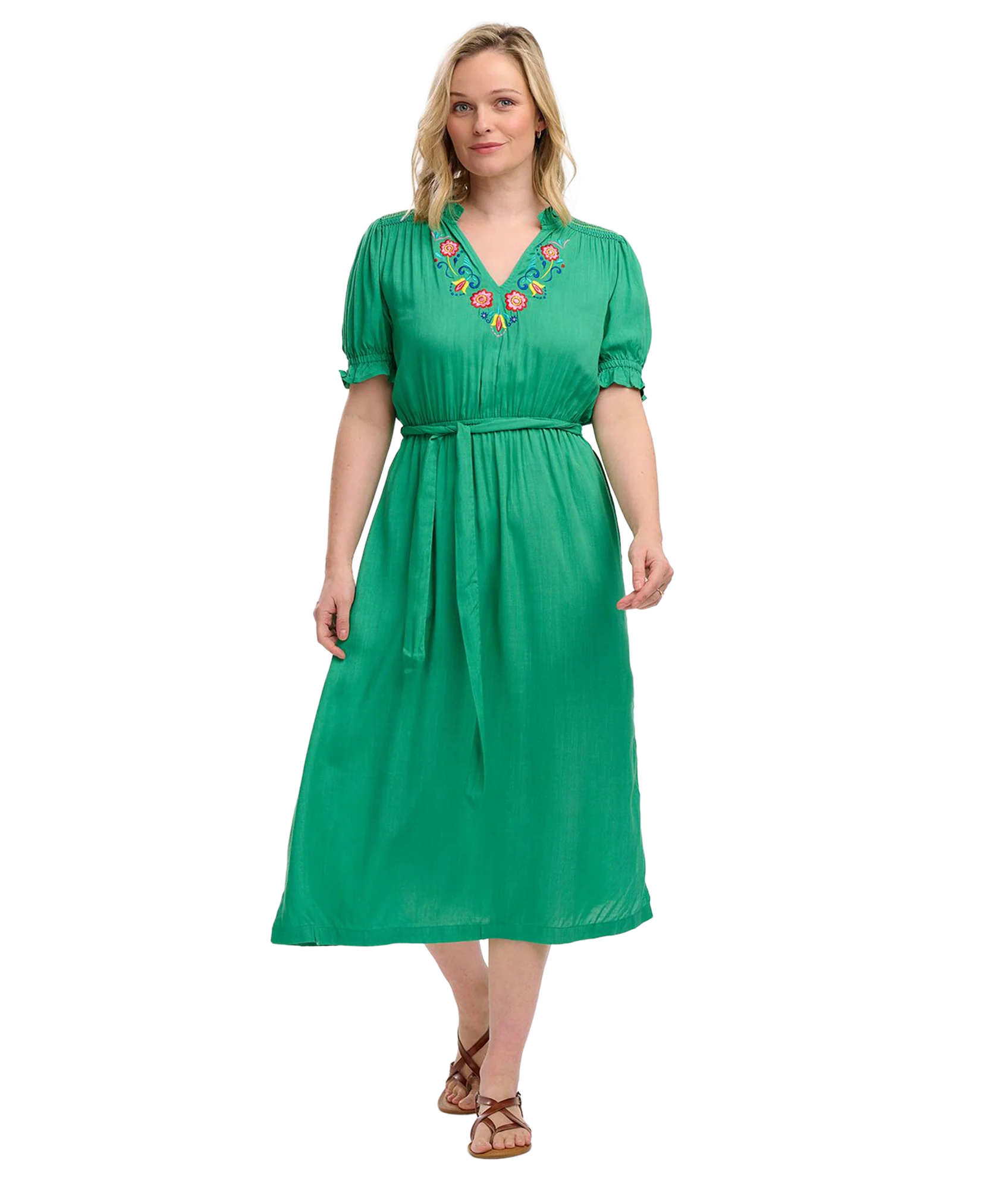 Carlota Midi Dress - Green/Folk Floral Embroidery - Image 2