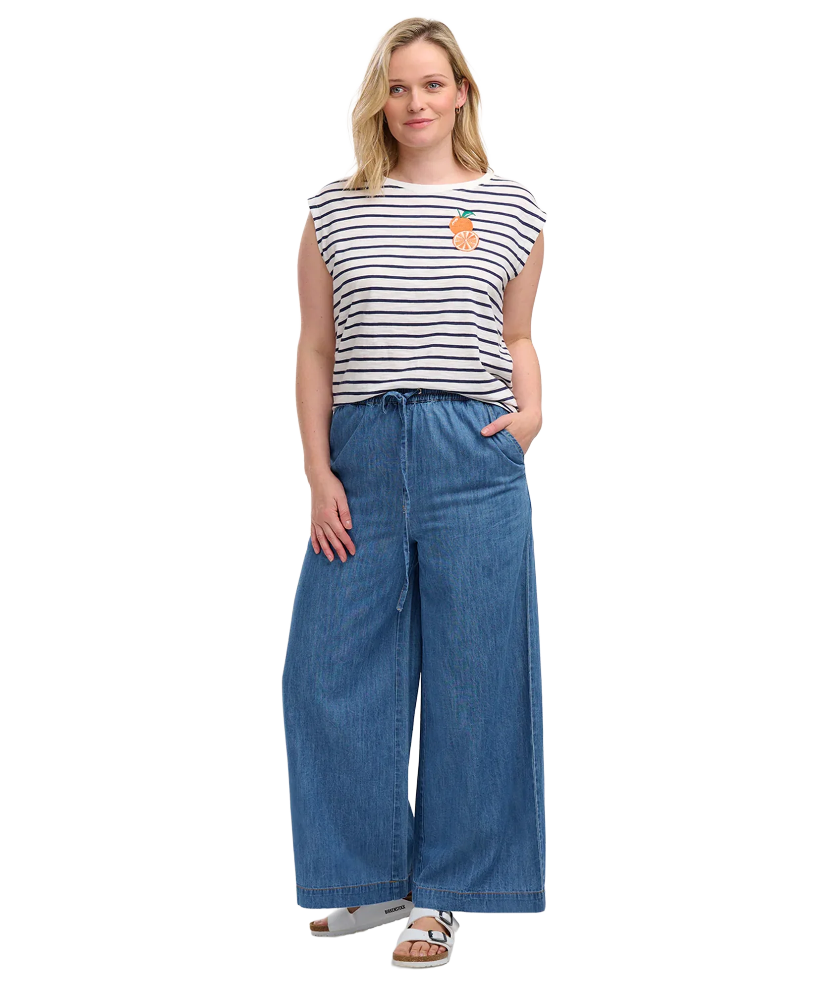 Chrissy Relaxed Tank T-Shirt - White/Navy/Orange - Image 2