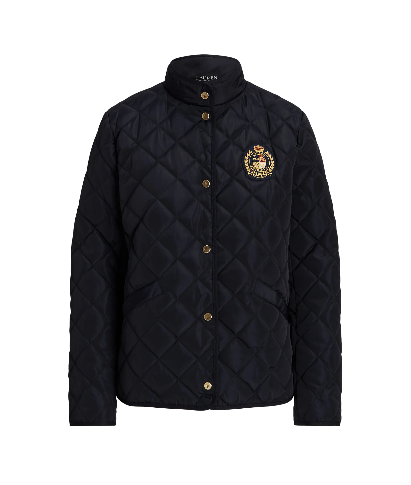 Crest-Patch Quilted Mockneck Jacket - Navy