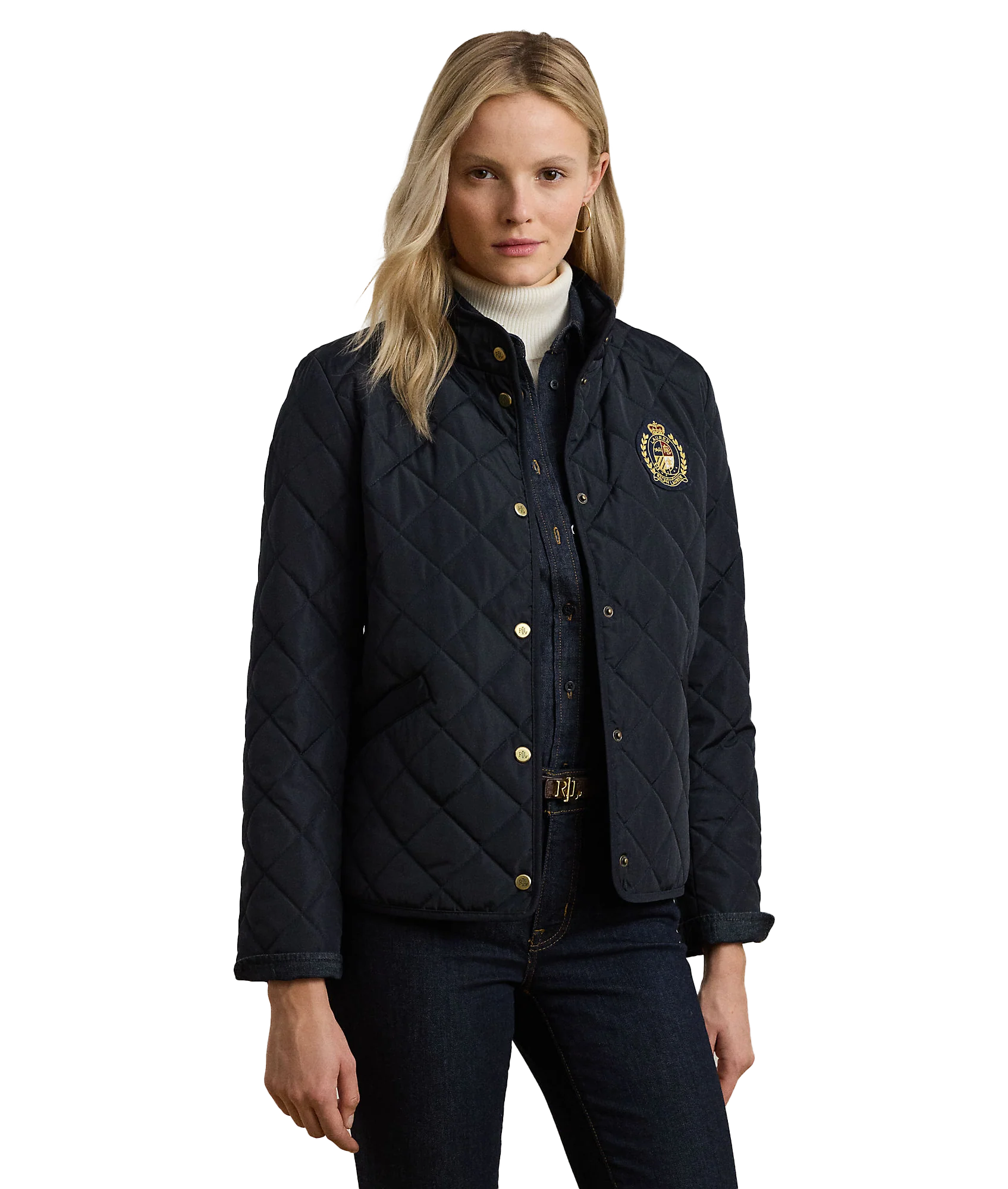 Crest-Patch Quilted Mockneck Jacket - Navy - Image 2