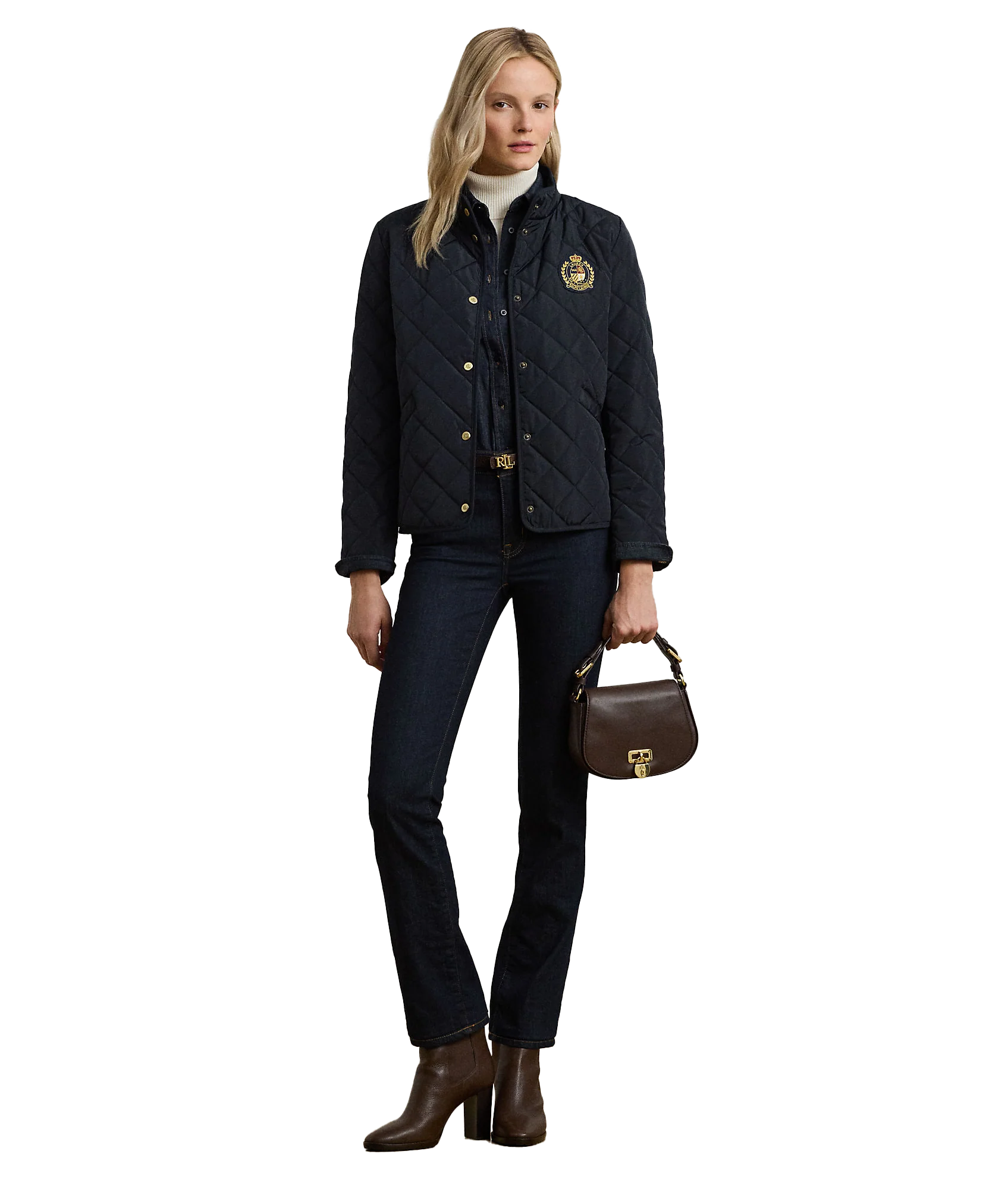 Crest-Patch Quilted Mockneck Jacket - Navy - Image 3