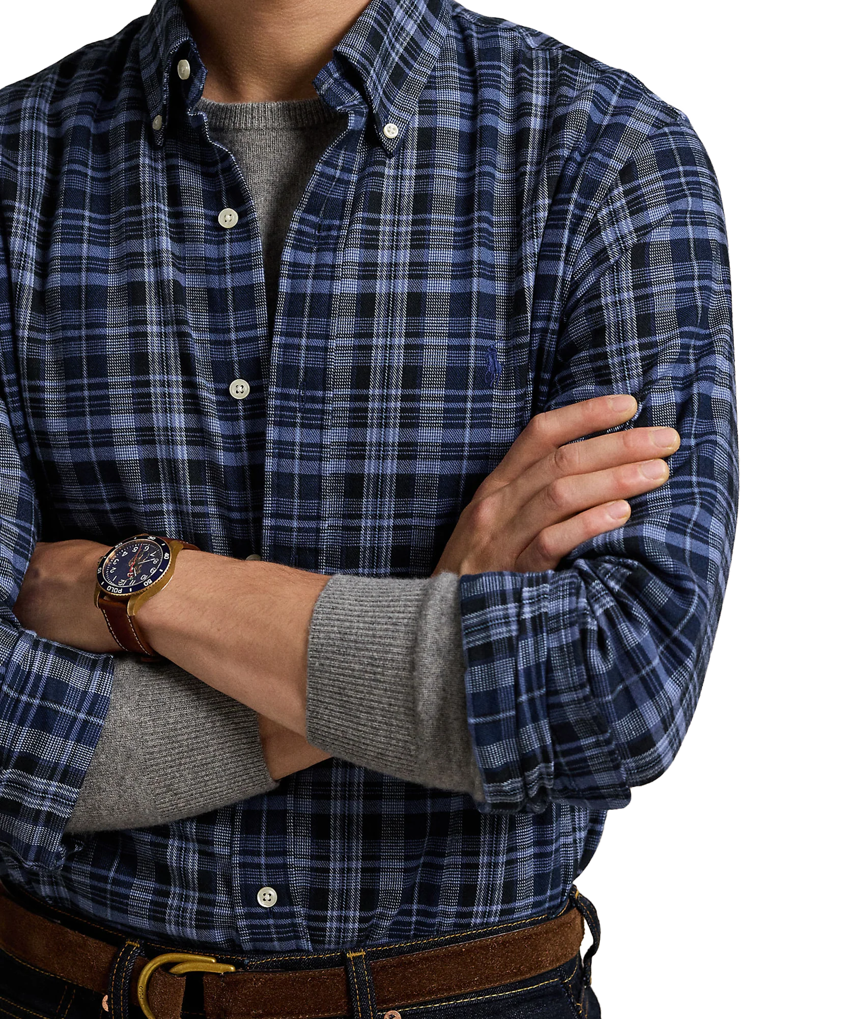 Custom Fit Plaid Performance Twill Shirt - Blue - Image 5