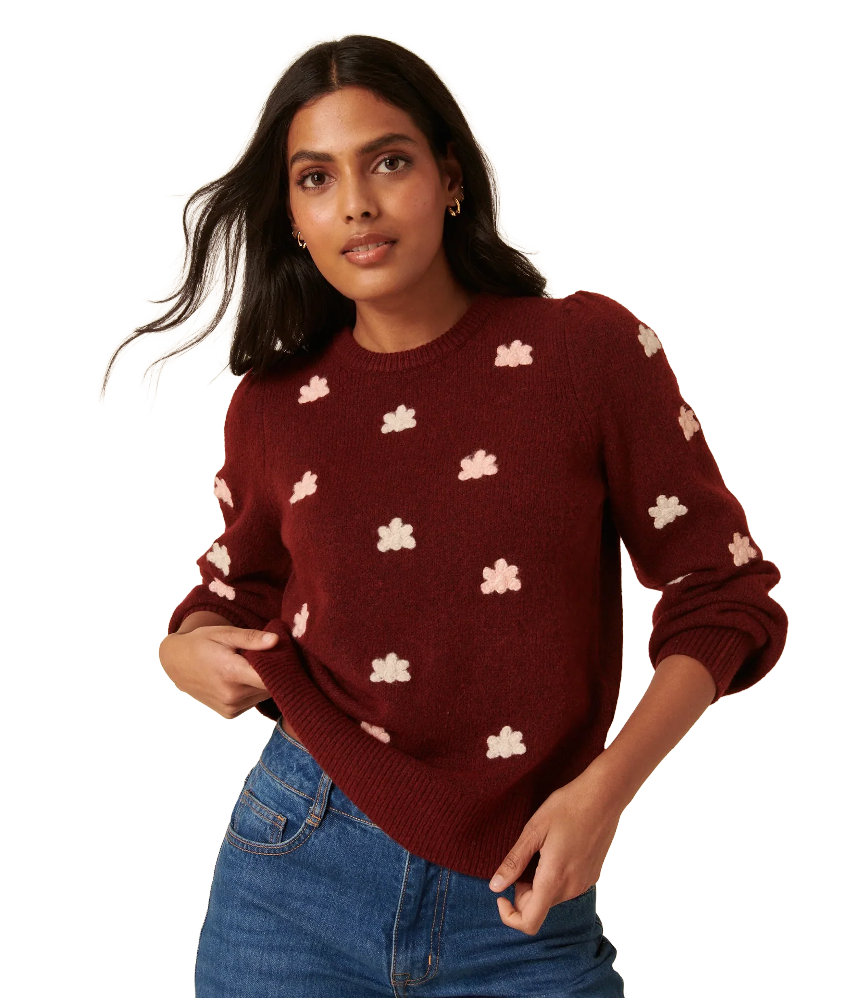 Embroidered Yolk Jumper Relaxed Fit - Red