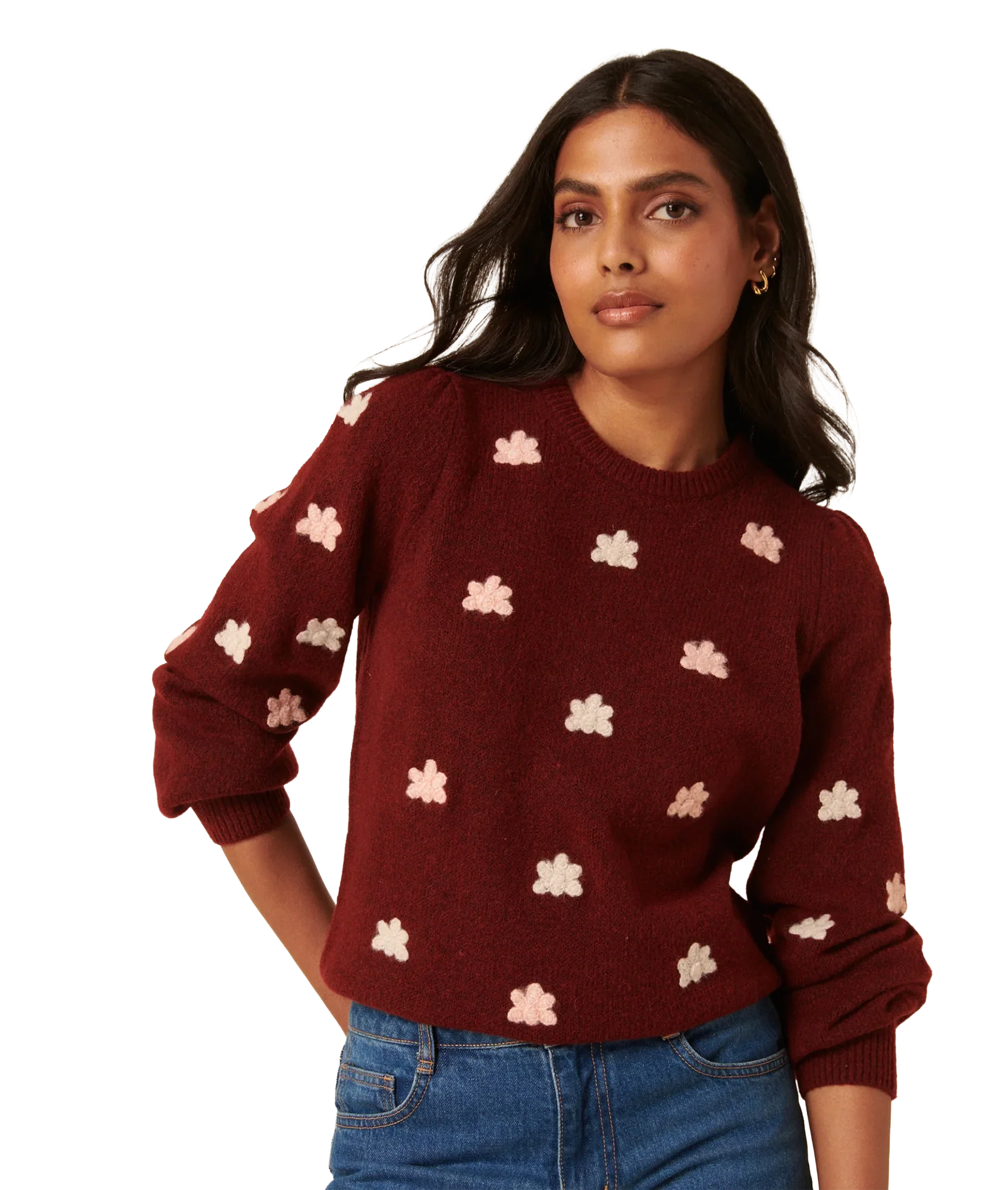 Embroidered Yolk Jumper Relaxed Fit - Red - Image 4