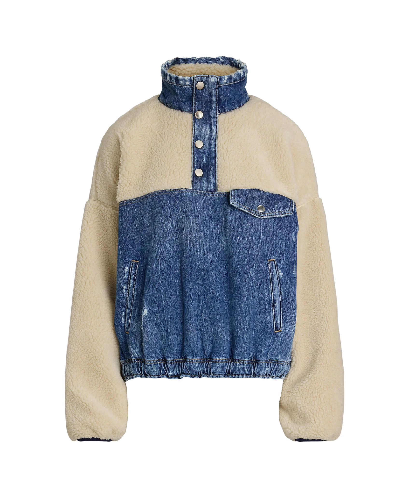 Fleece-Denim Mockneck Pullover - Multi