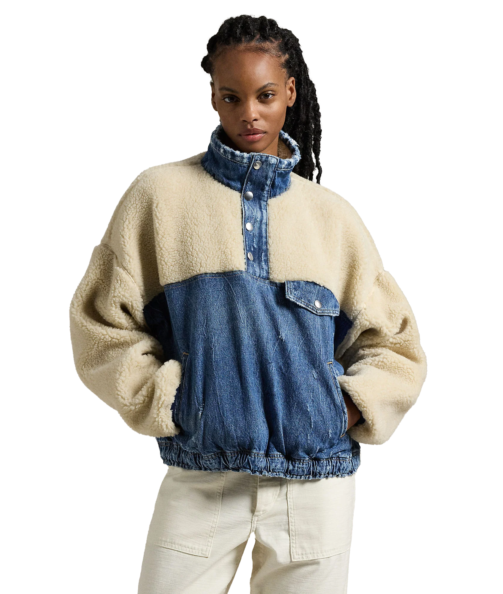 Fleece-Denim Mockneck Pullover - Multi - Image 2