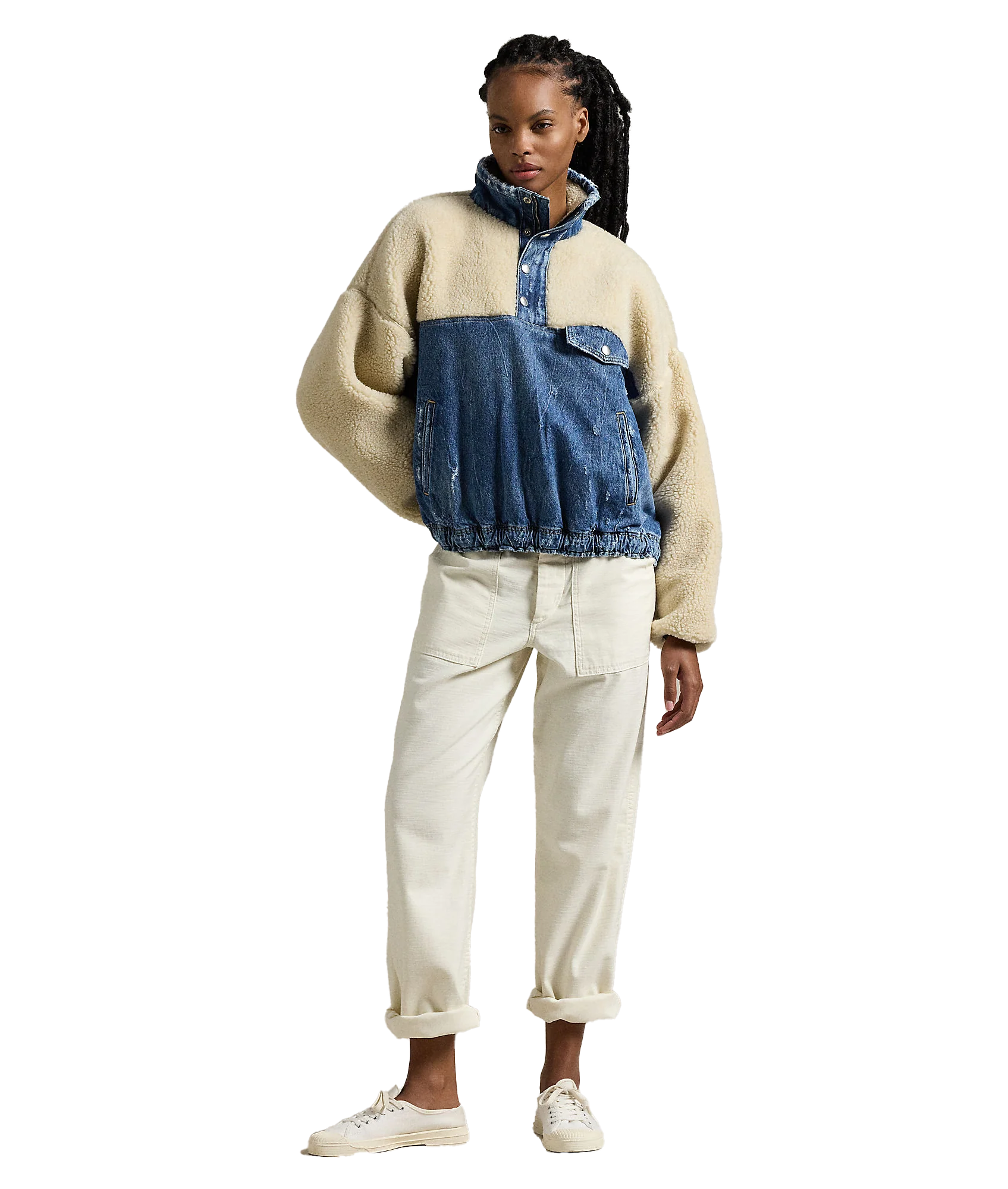 Fleece-Denim Mockneck Pullover - Multi - Image 3