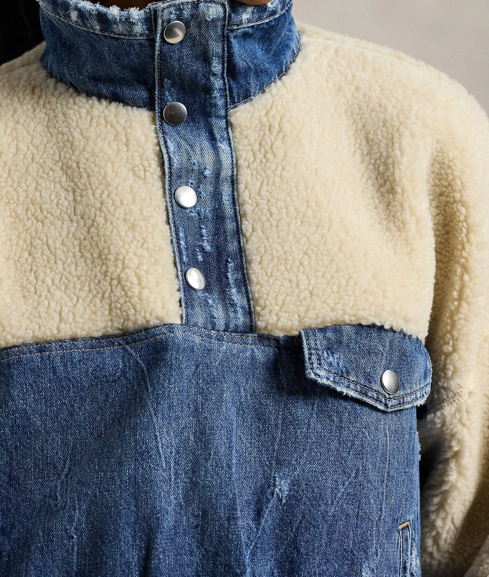 Fleece-Denim Mockneck Pullover - Multi - Image 6