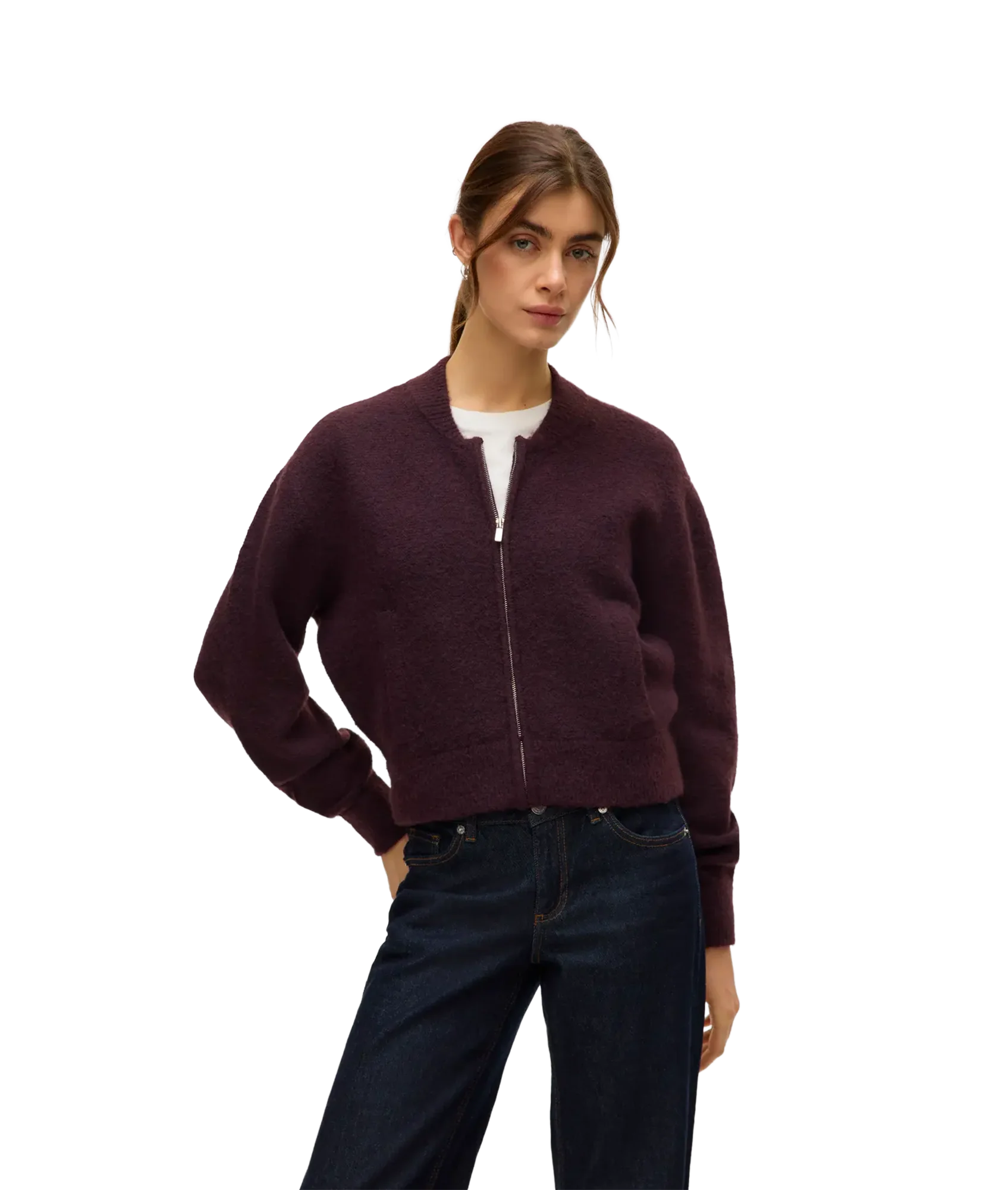 Hanna Ls O-Neck Zipper Cardigan Boo - Winetasting - Image 2