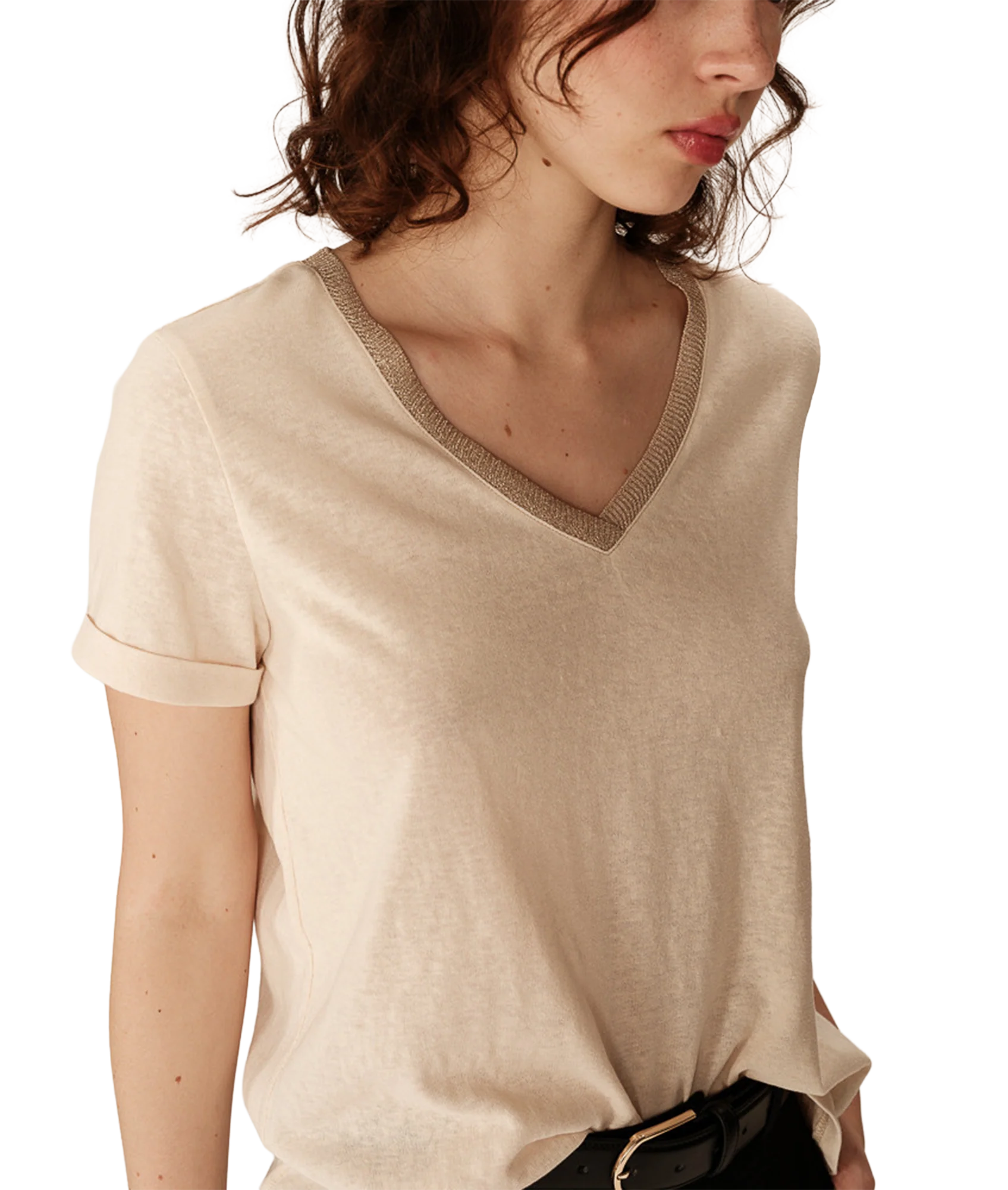 Lurex Trim V Neck Tee - Beige - Image 3