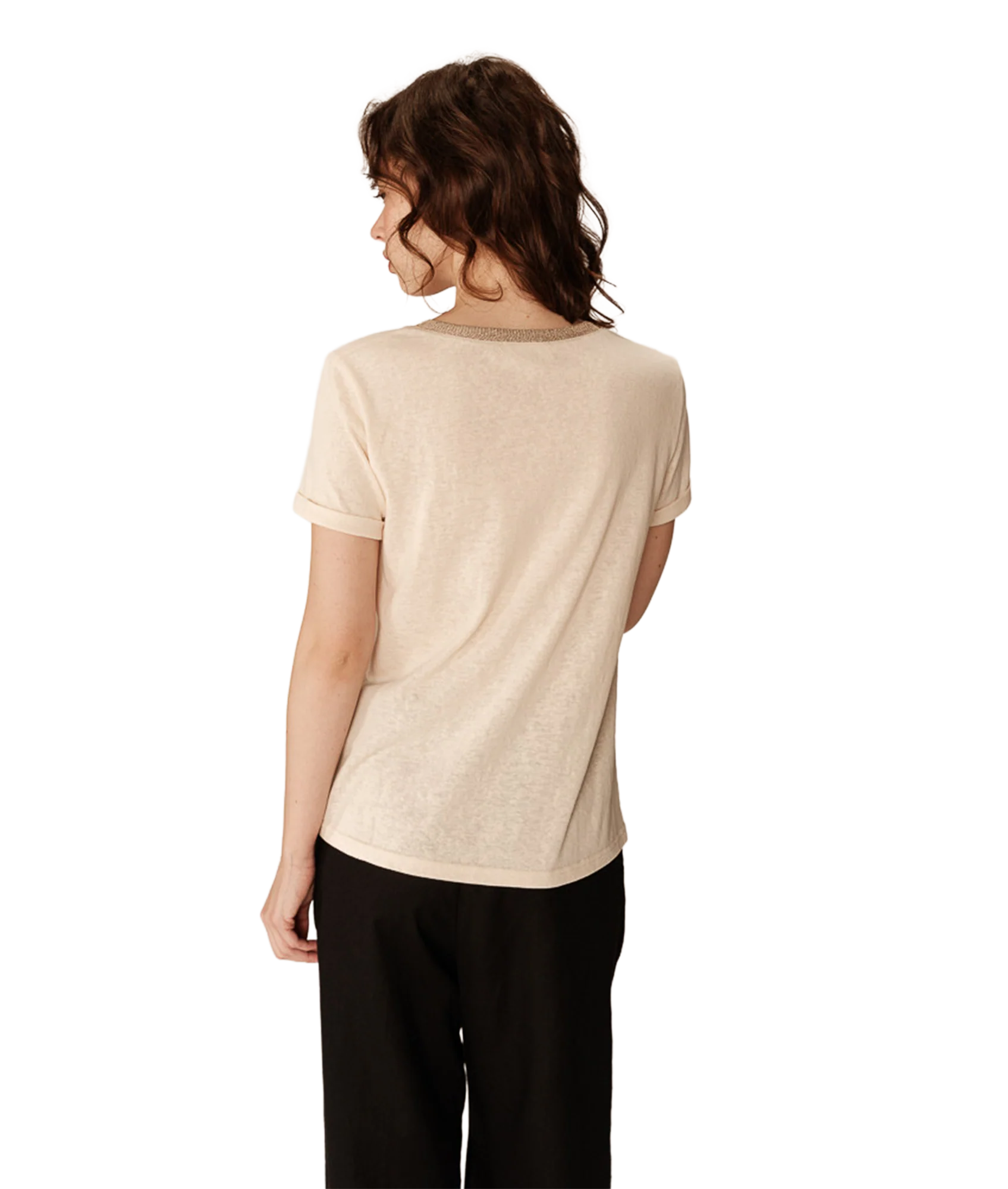 Lurex Trim V Neck Tee - Beige - Image 4