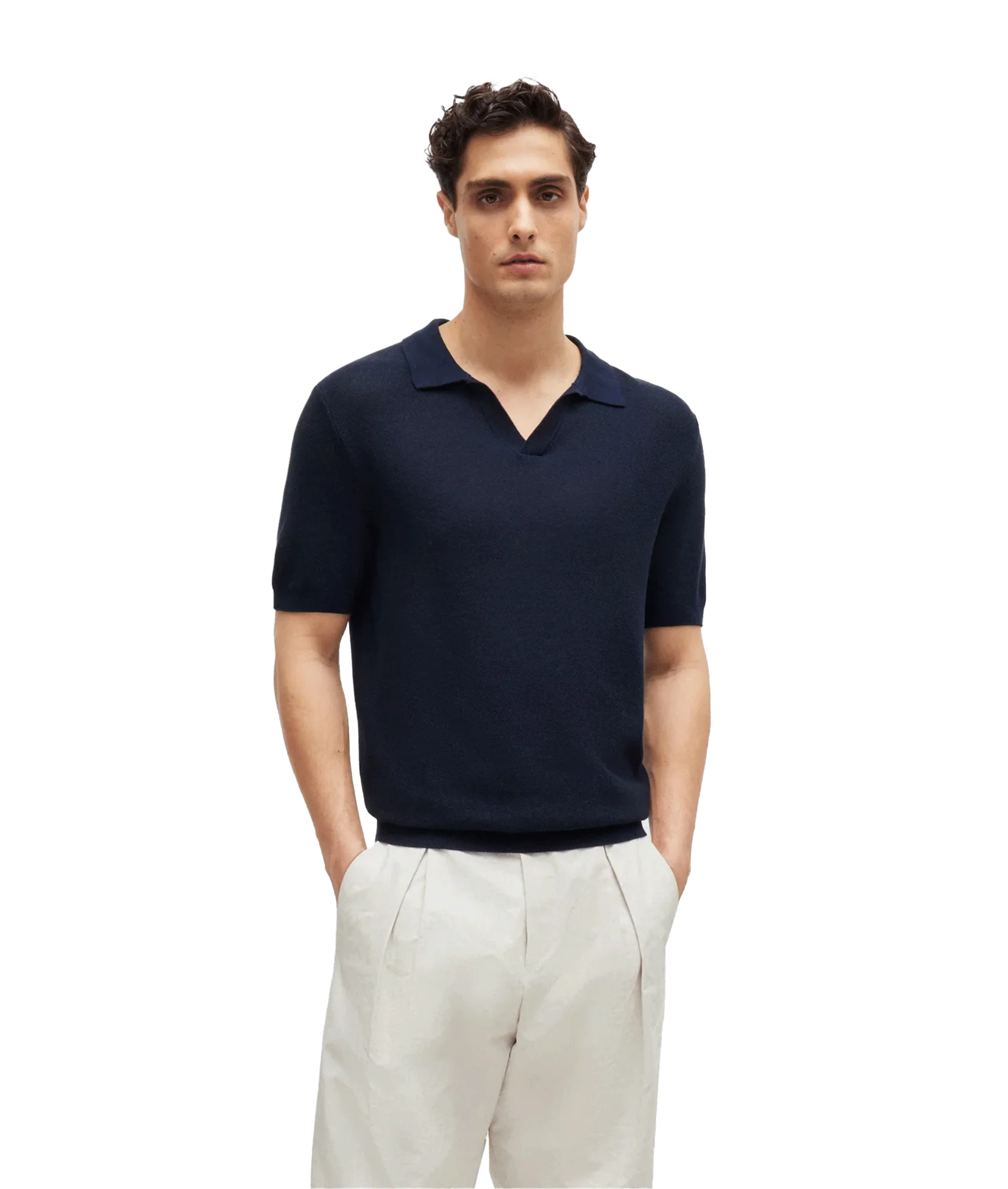 Cotton-blend Polo Sweater With Open Collar - Navy - Image 2