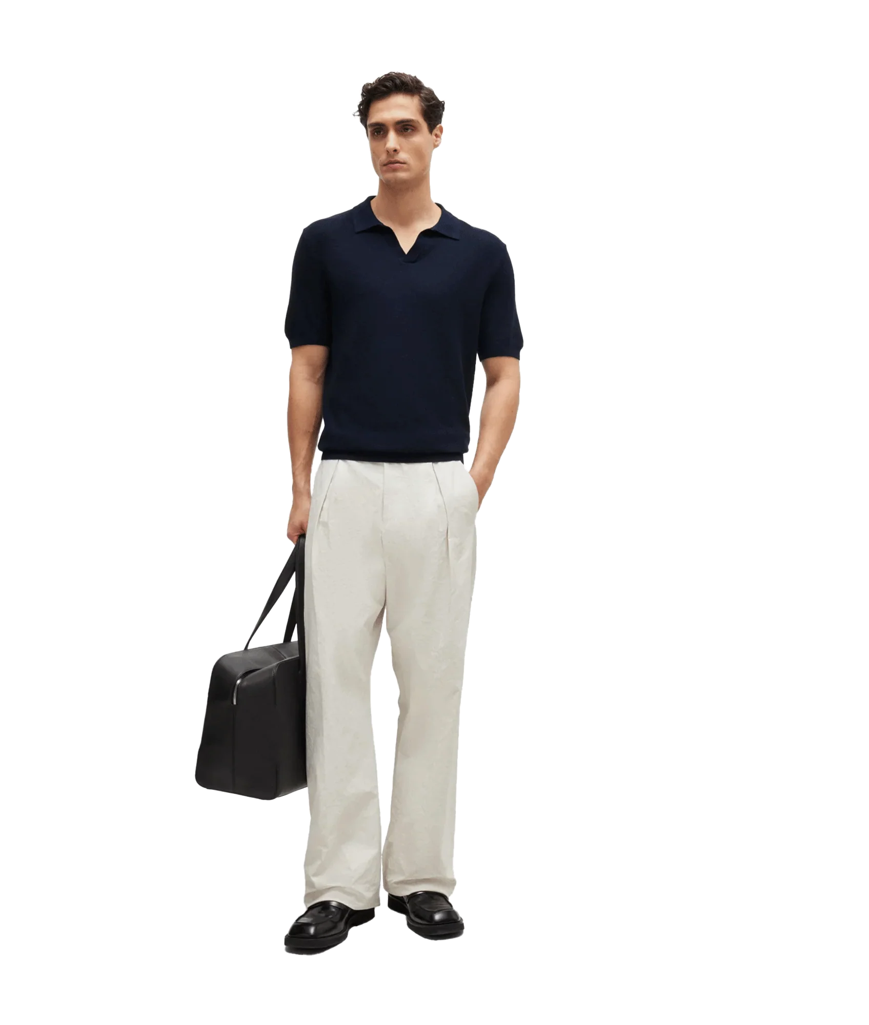 Cotton-blend Polo Sweater With Open Collar - Navy - Image 3