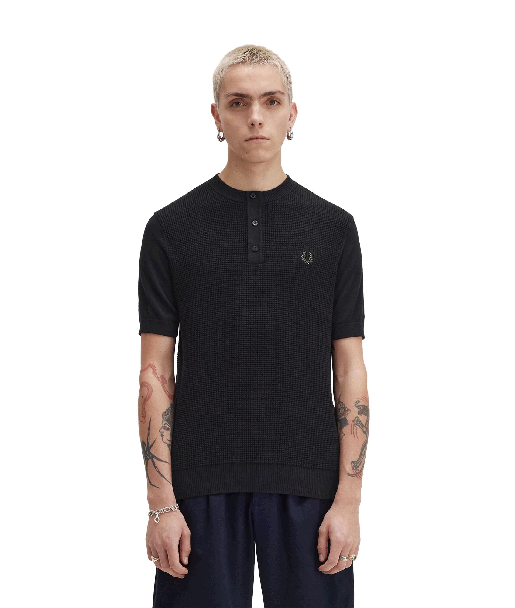 Waffle Stitch Henley Shirt - Black - Image 2