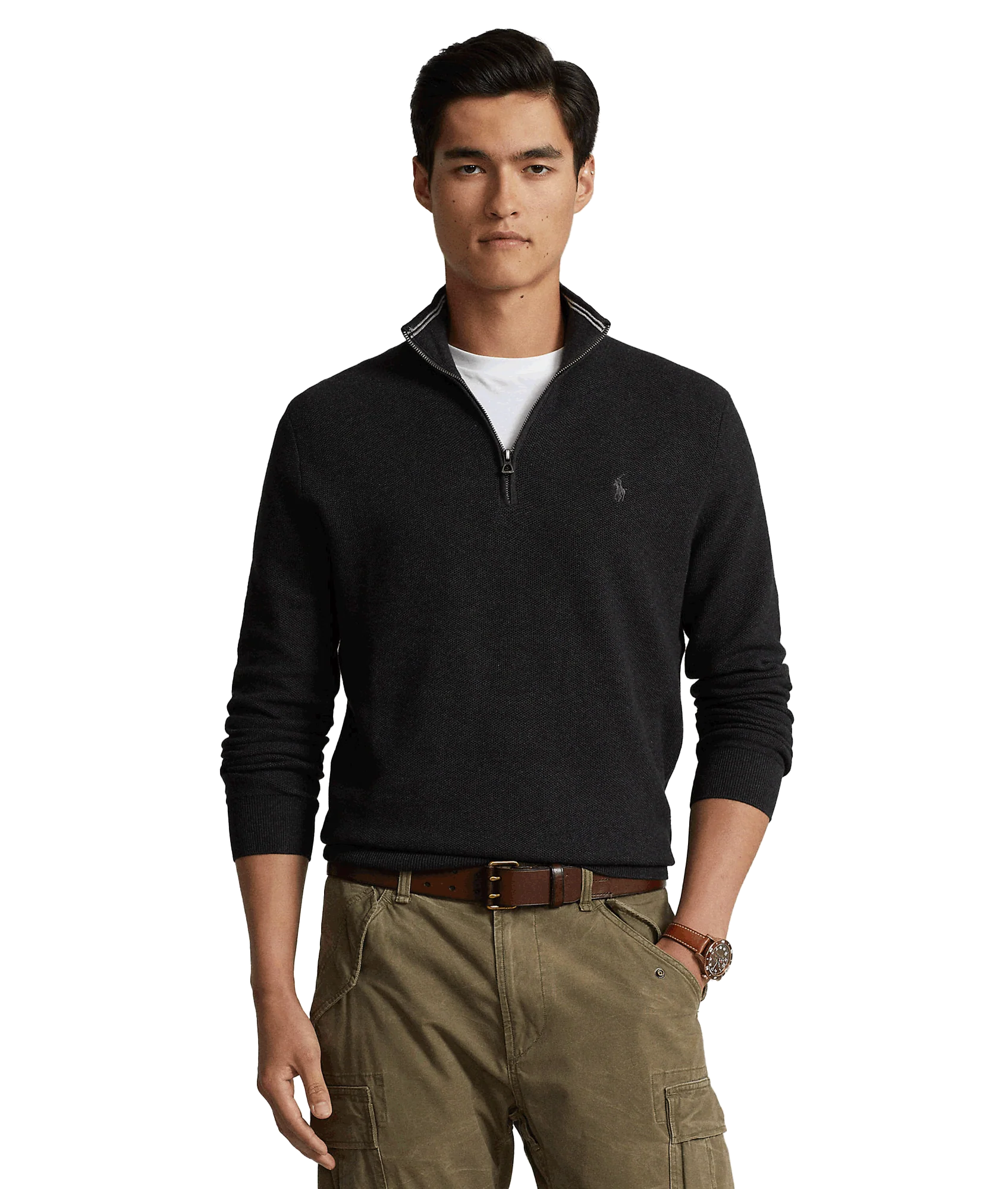 Mesh-knit Cotton Quarter-zip Sweater - Grey - Image 2