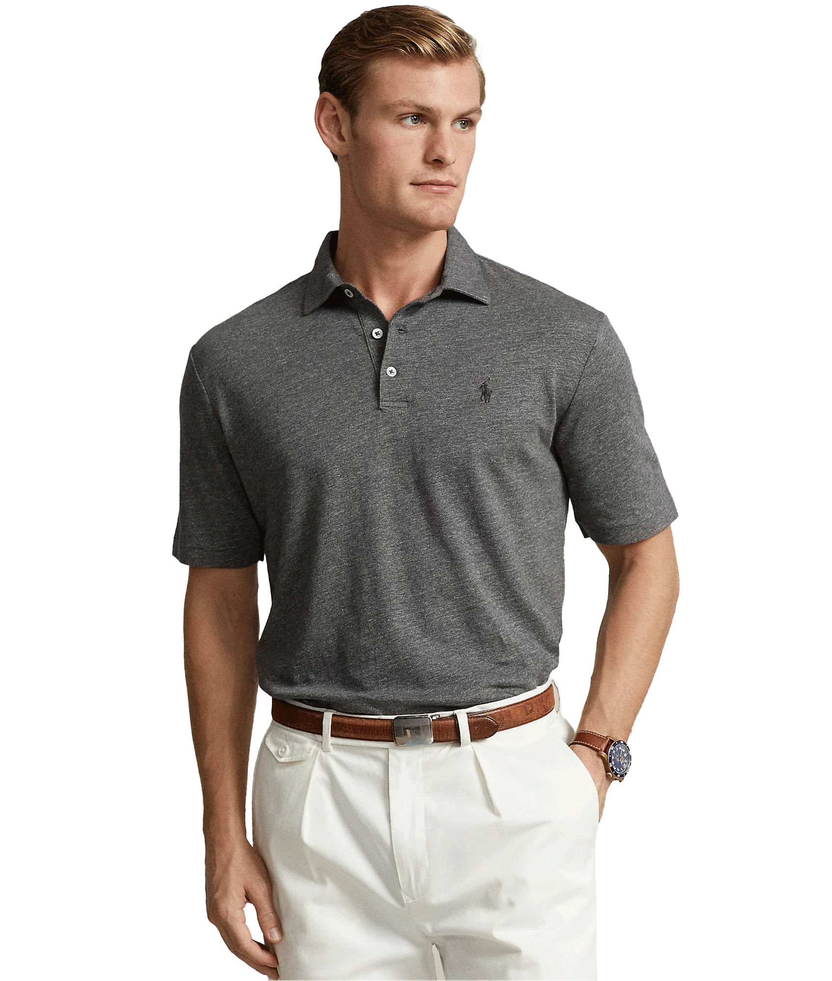Classic Fit Cotton-linen Mesh Polo Shirt - Grey - Image 2