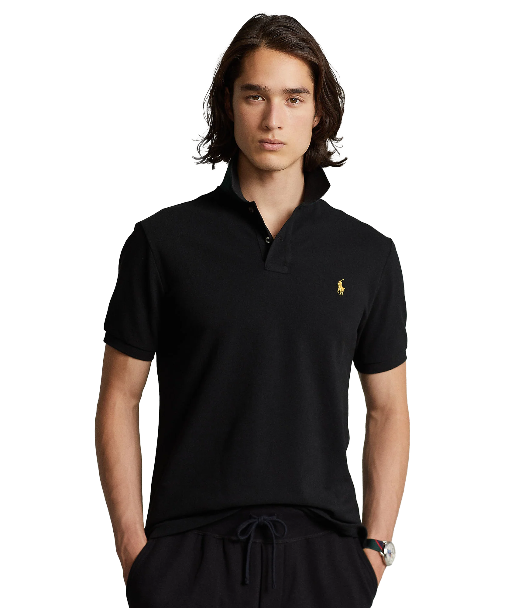 Custom Slim Plaid-trim Mesh Polo Shirt - Black - Image 3
