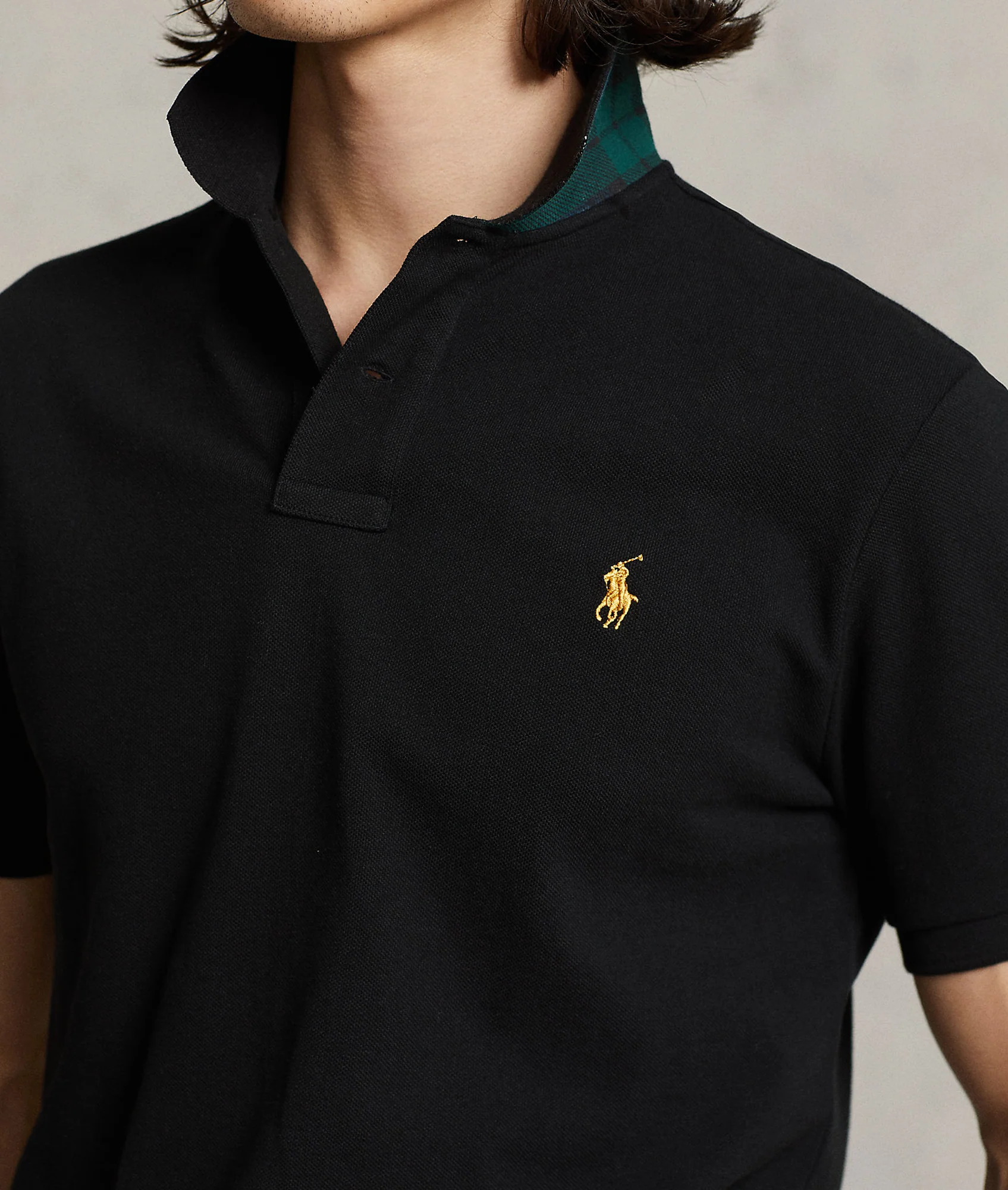 Custom Slim Plaid-trim Mesh Polo Shirt - Black - Image 5