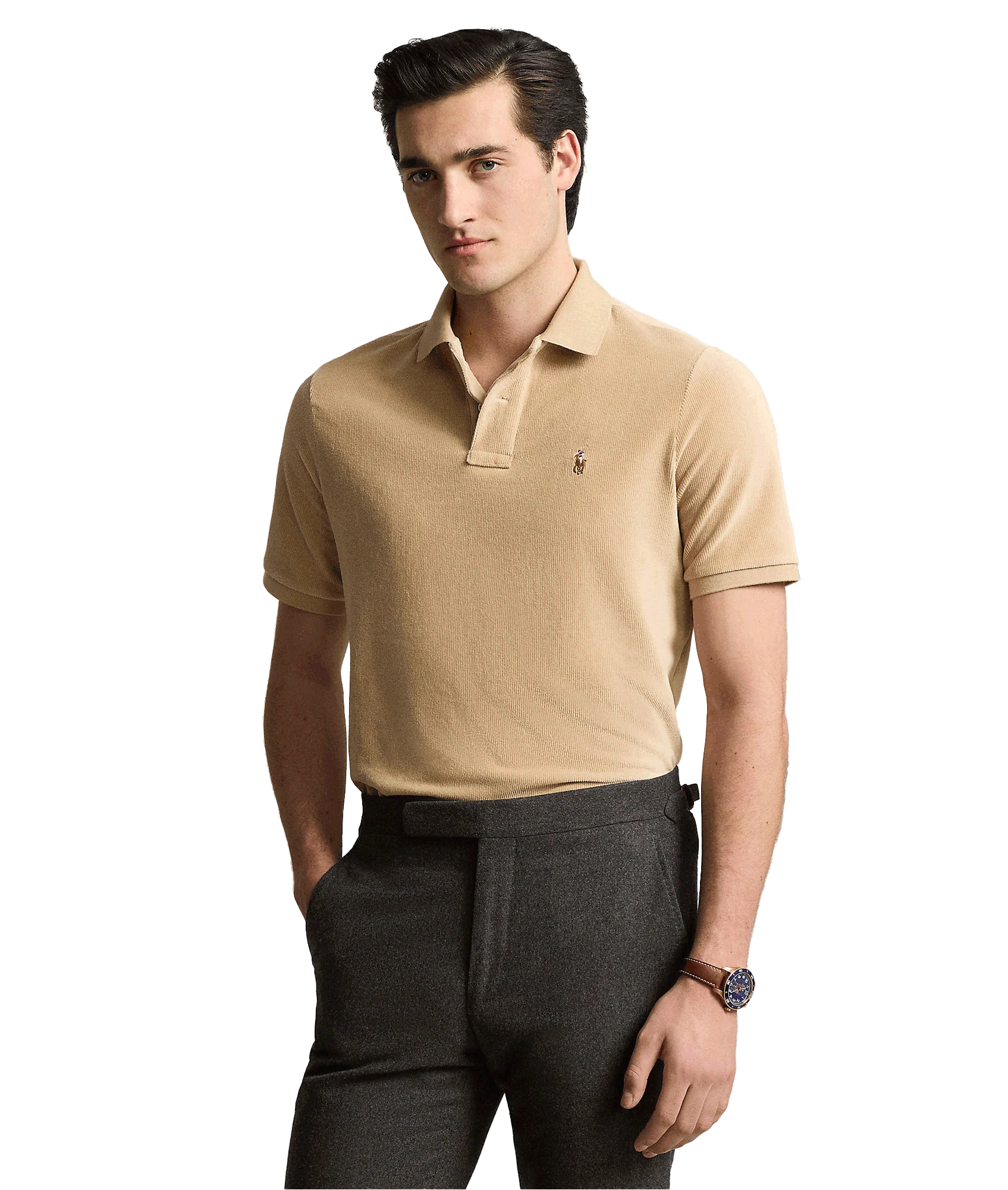 Classic Fit Knit Corduroy Polo Shirt - Brown - Image 2