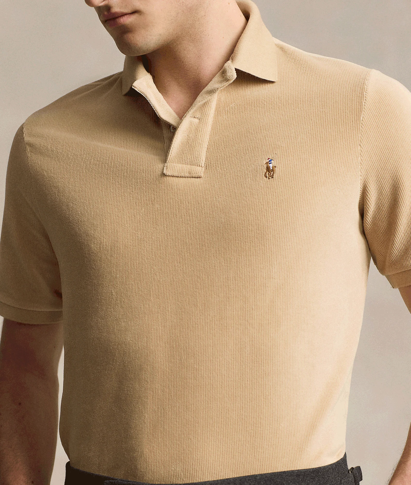 Classic Fit Knit Corduroy Polo Shirt - Brown - Image 5