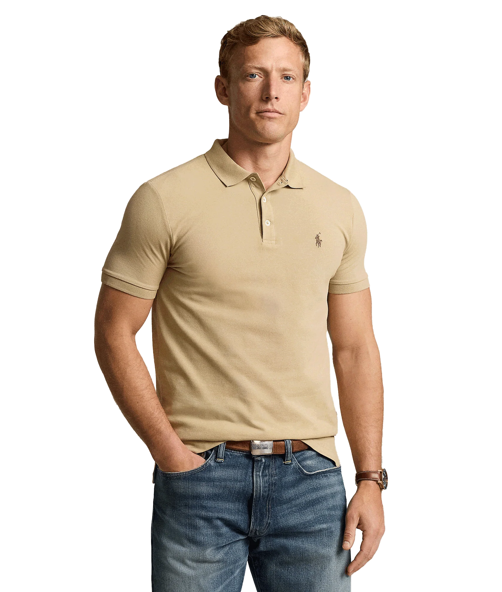Custom Slim Fit Stretch Mesh Polo Shirt - Beige - Image 2