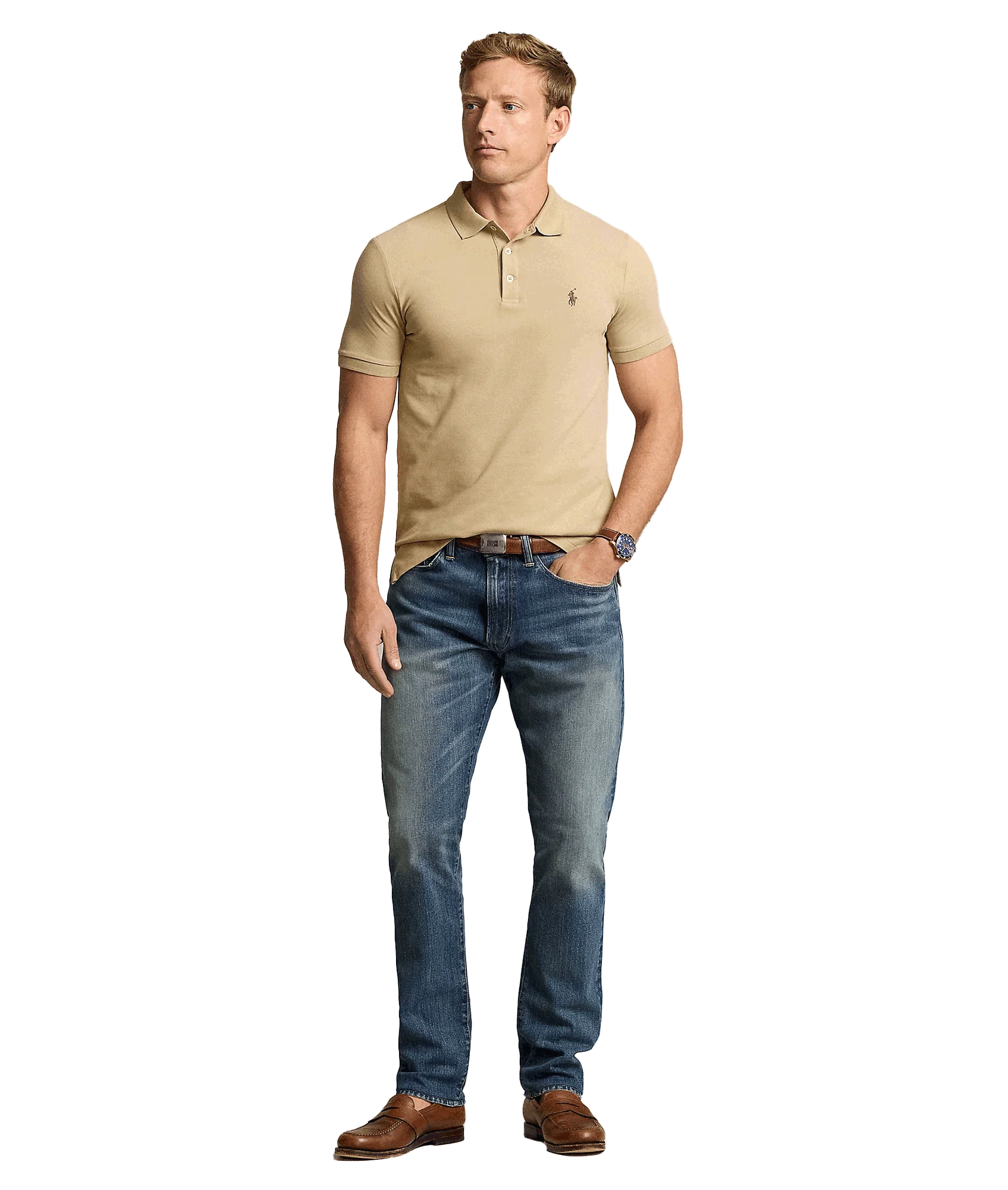 Custom Slim Fit Stretch Mesh Polo Shirt - Beige - Image 3