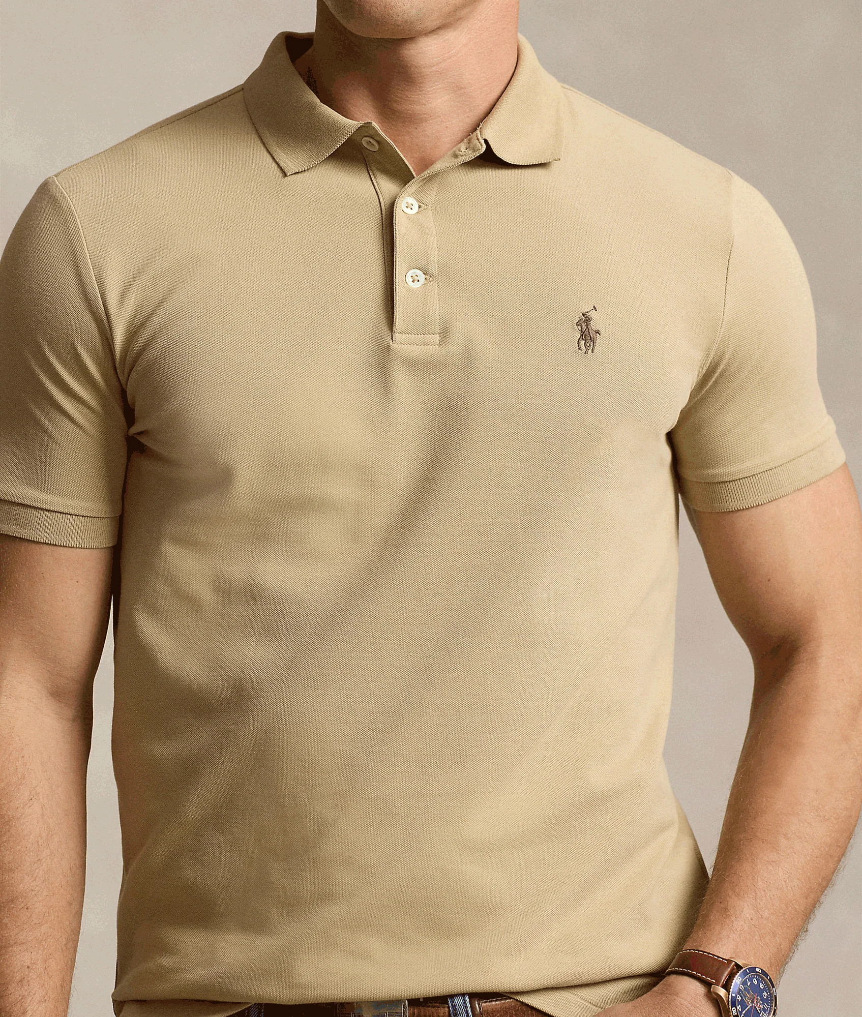 Custom Slim Fit Stretch Mesh Polo Shirt - Beige - Image 5