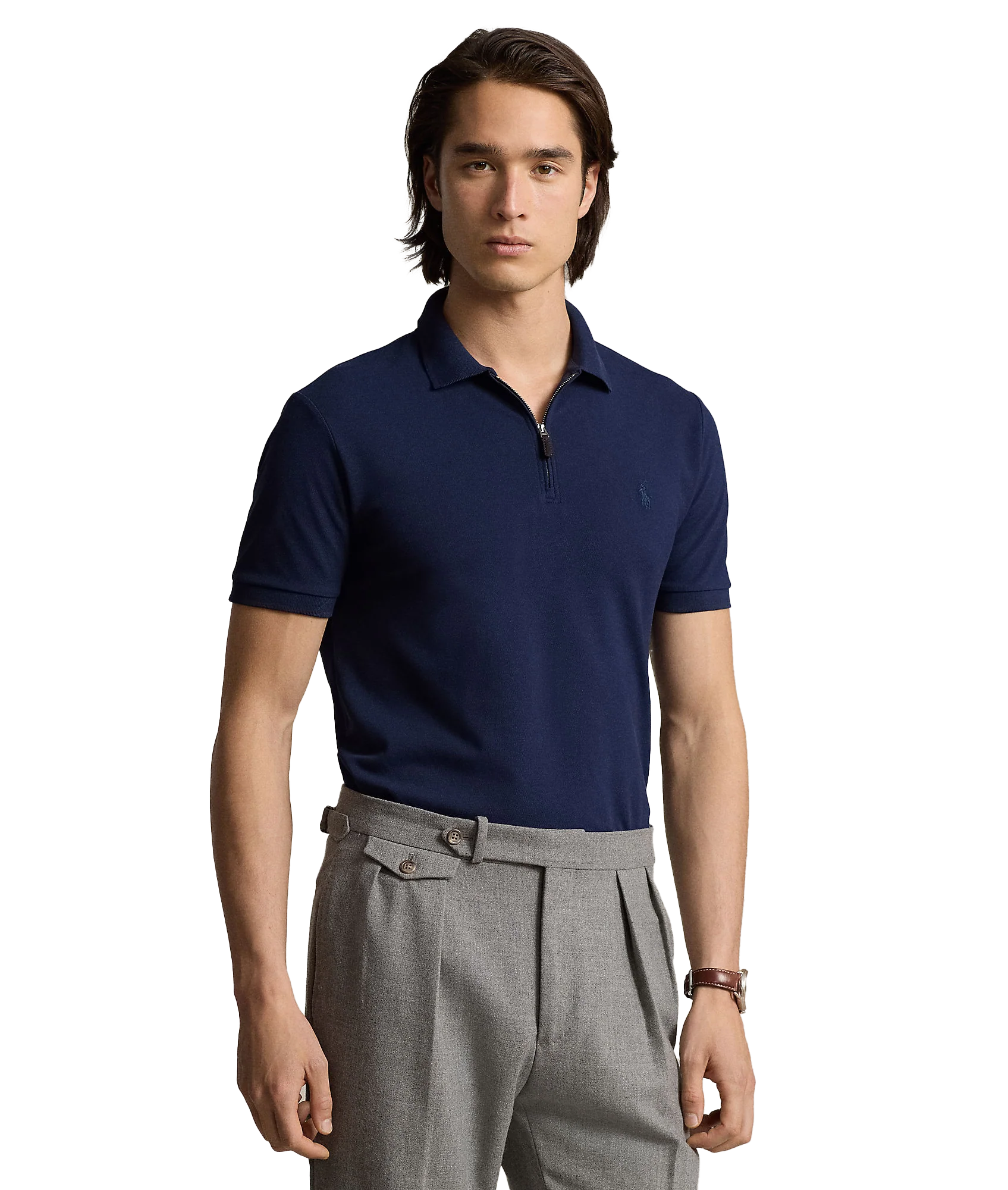Custom Slim Fit Stretch Mesh Polo Shirt - Navy - Image 3