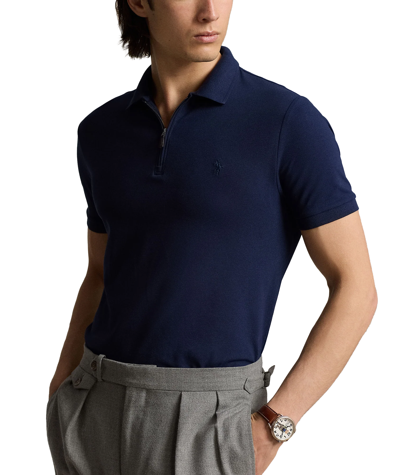 Custom Slim Fit Stretch Mesh Polo Shirt - Navy - Image 4