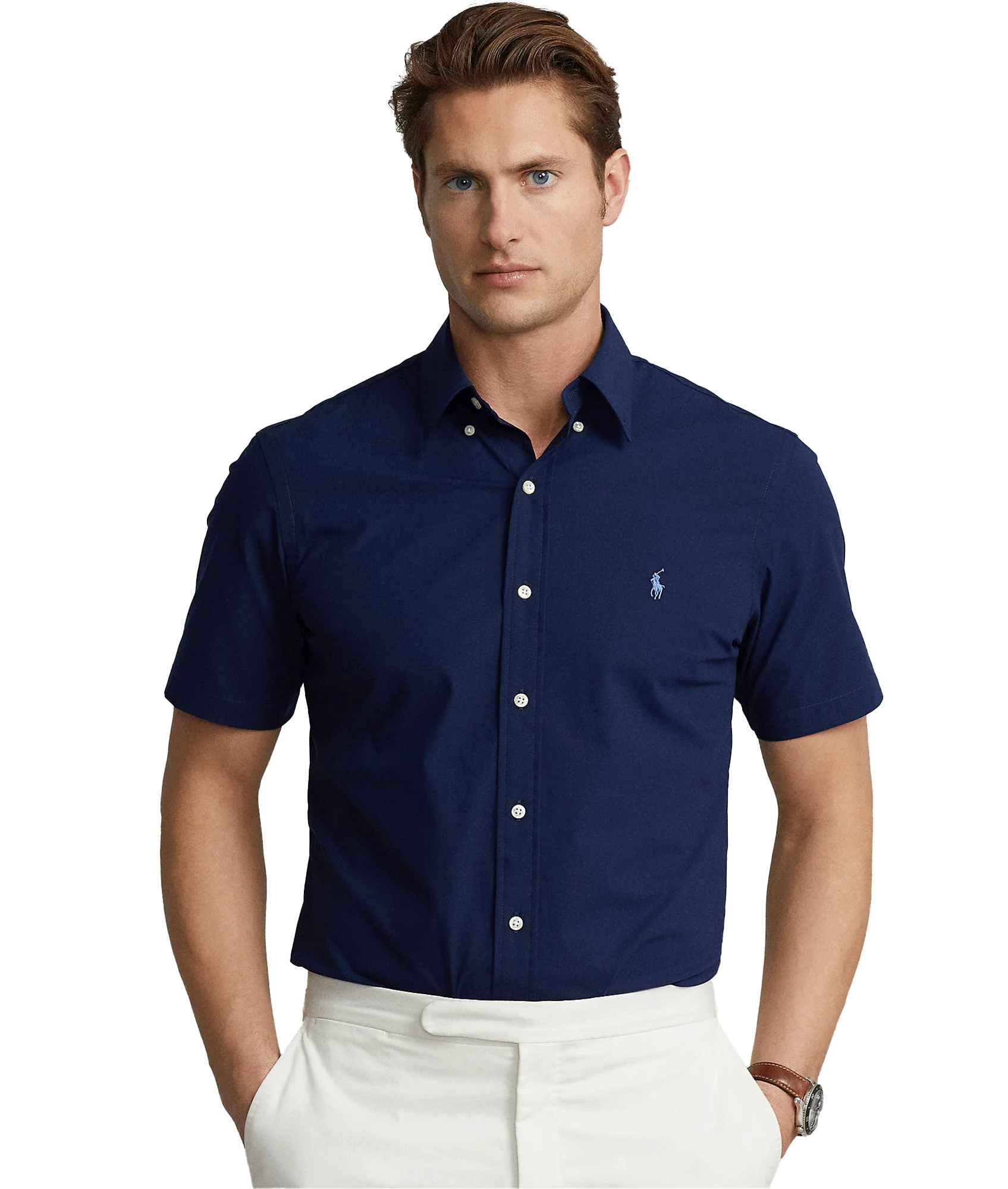 Custom Fit Stretch Poplin Shirt -Navy - Image 2