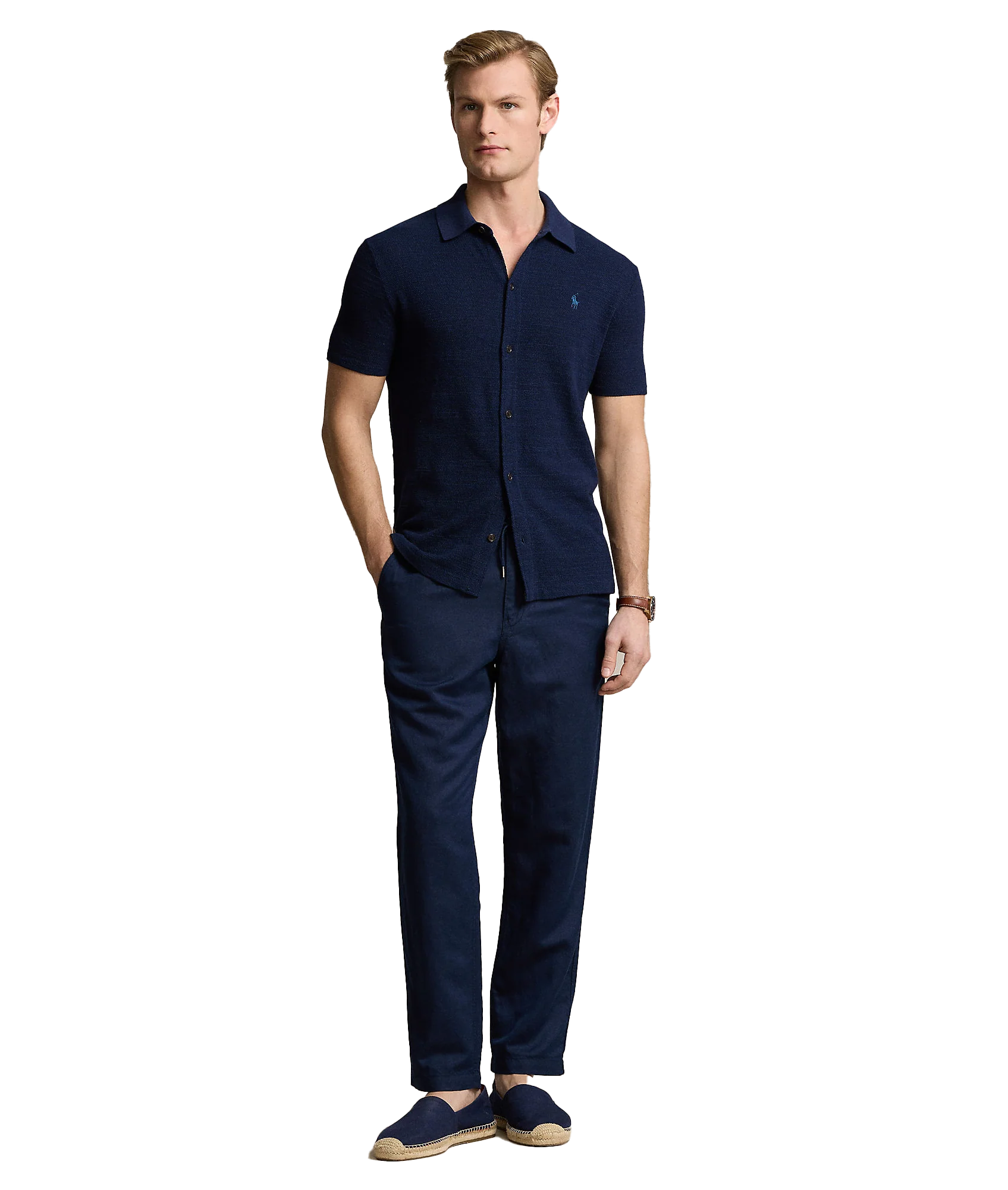 Textured Cotton-linen Shirt Sweater - Navy - Image 2