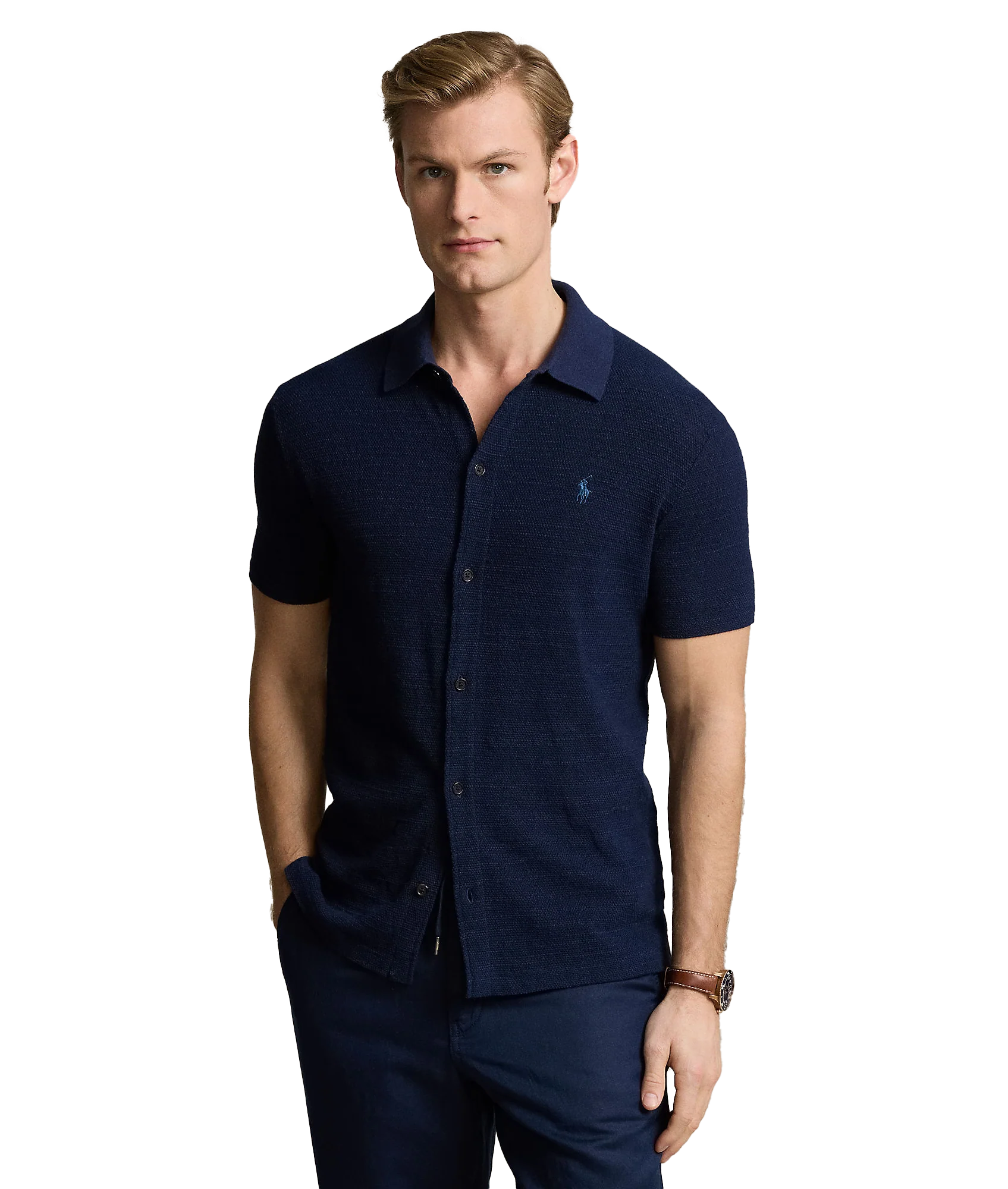 Textured Cotton-linen Shirt Sweater - Navy - Image 3