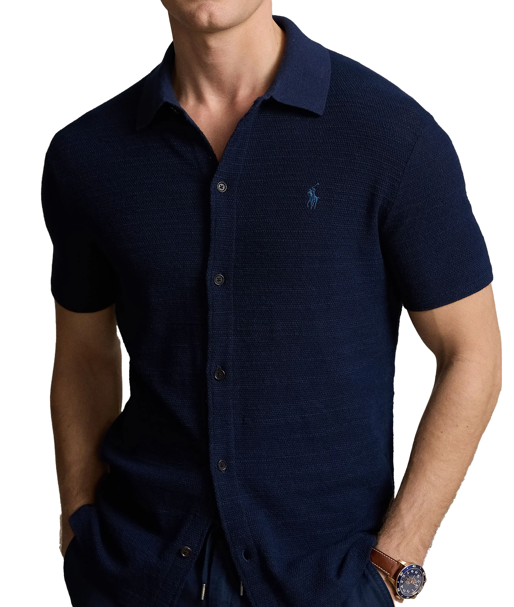 Textured Cotton-linen Shirt Sweater - Navy - Image 4