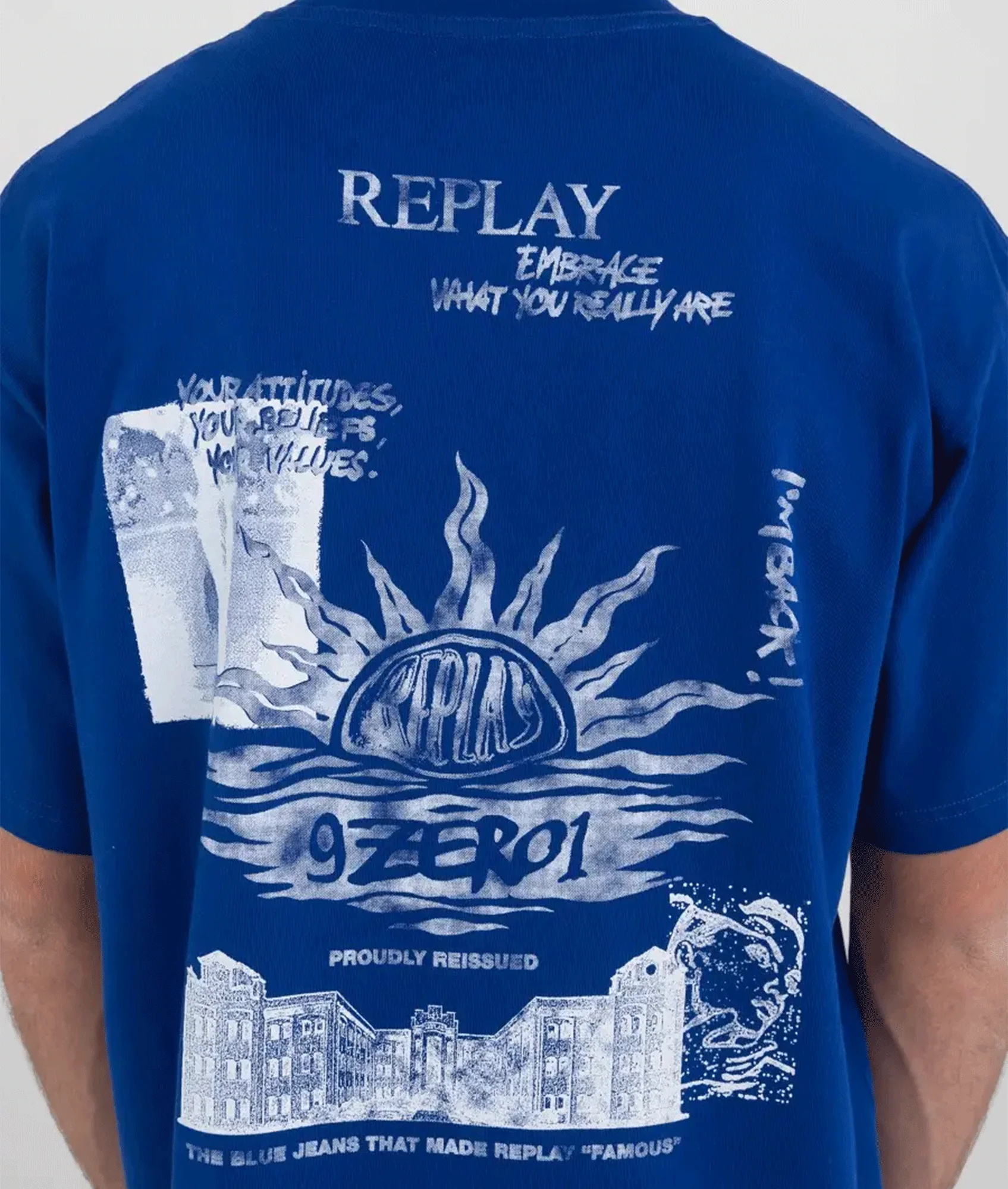 Genderless Crew-neck T-shirt With 9zero1 Logo and Graphic Prints - Blue - Image 2