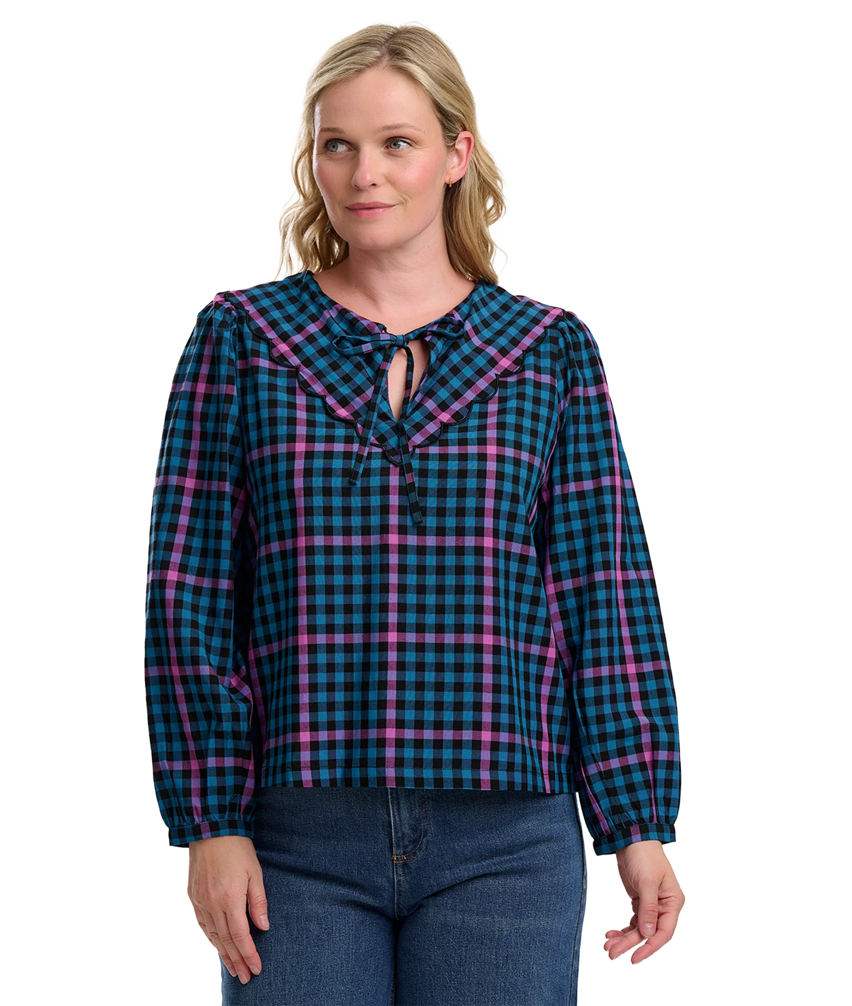 Nessie Scallop Collar Blouse - Black/Teal/Twilight Gingham