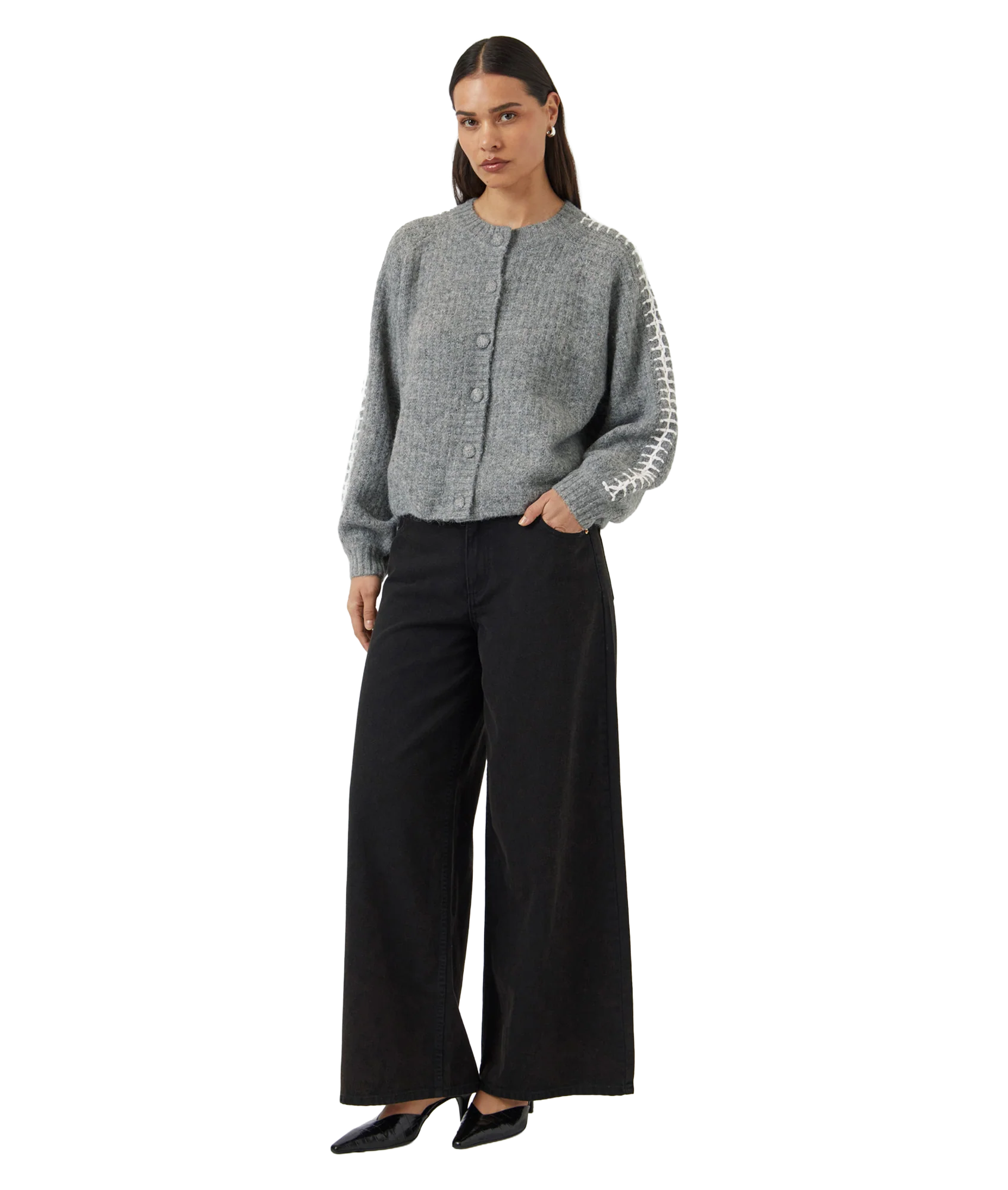 Olly Ls Knit Cardigan - Grey Melange Star White Details - Image 3