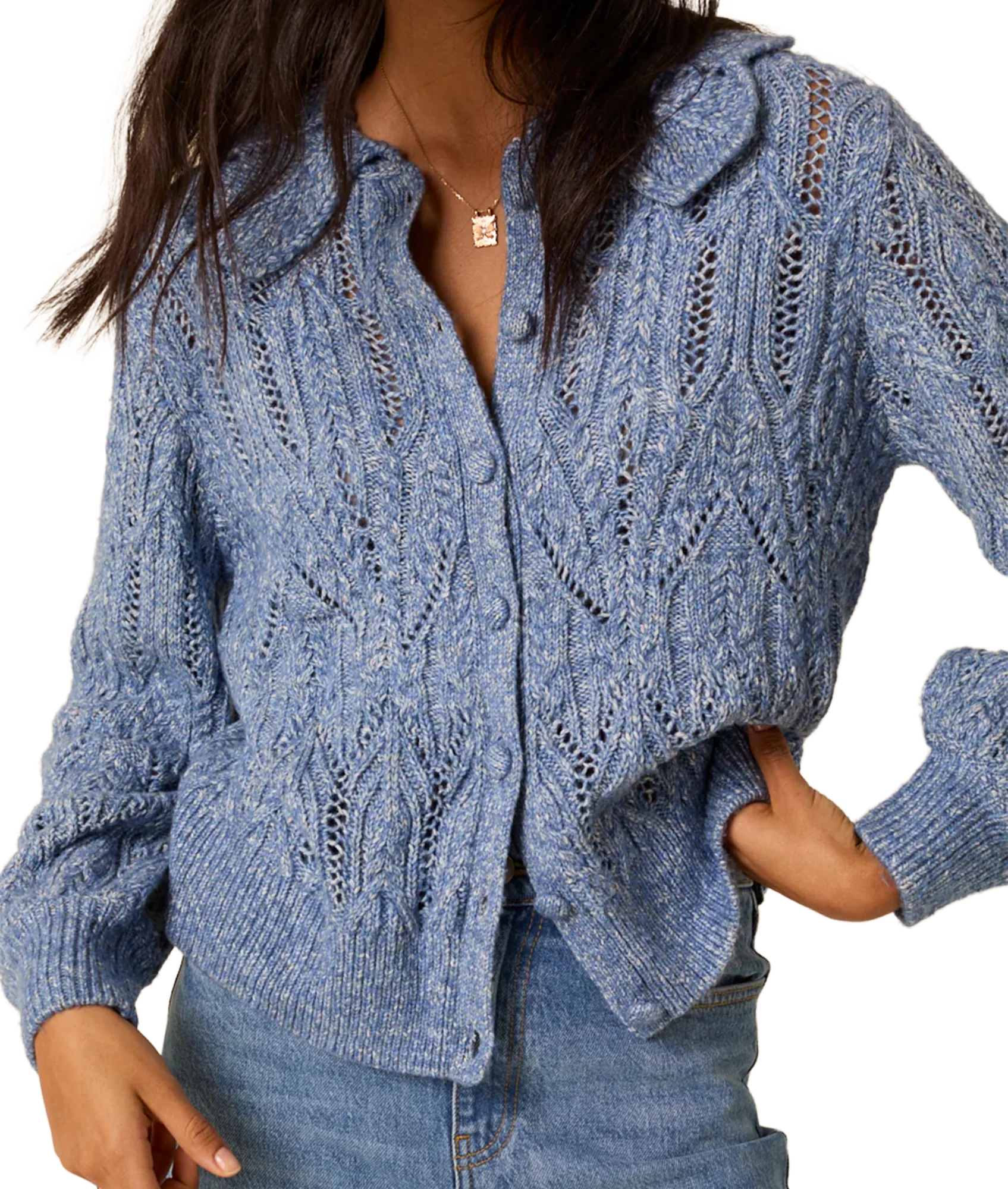 Pointelle Chunky Collar Cardigan - Blue - Image 4