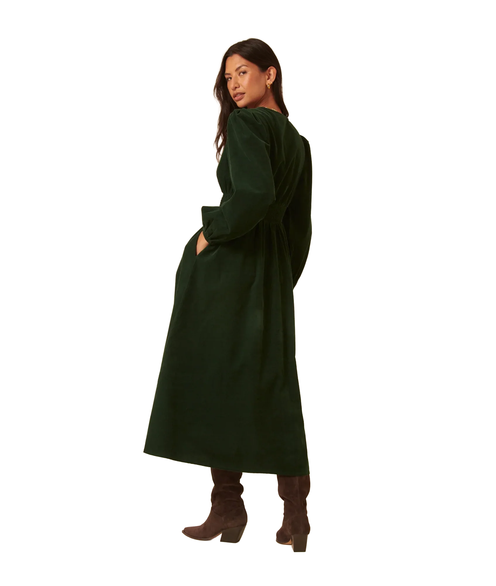 Riley Shirred Waist Midi Dress - Green - Image 5