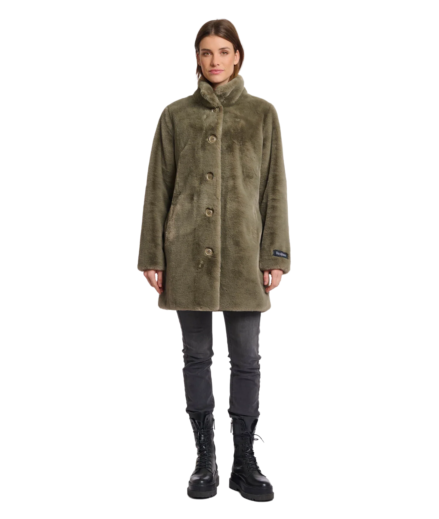 Single Breasted Fake Fur Coat  - Green Ash