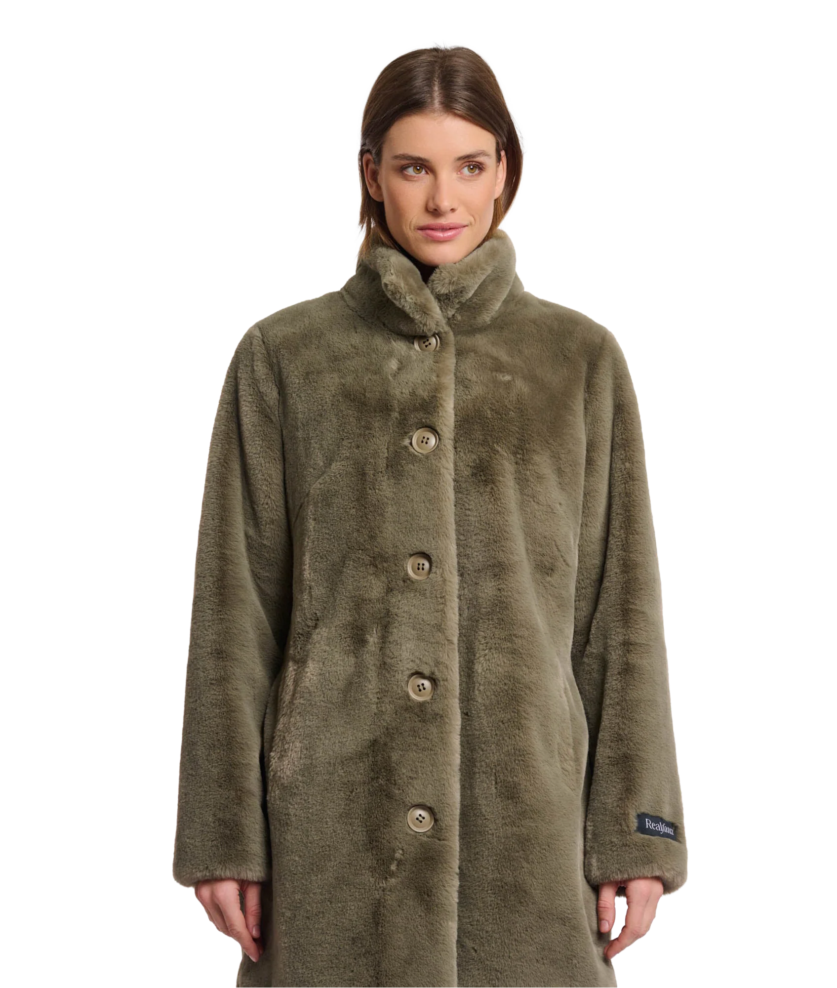 Single Breasted Fake Fur Coat  - Green Ash - Image 2