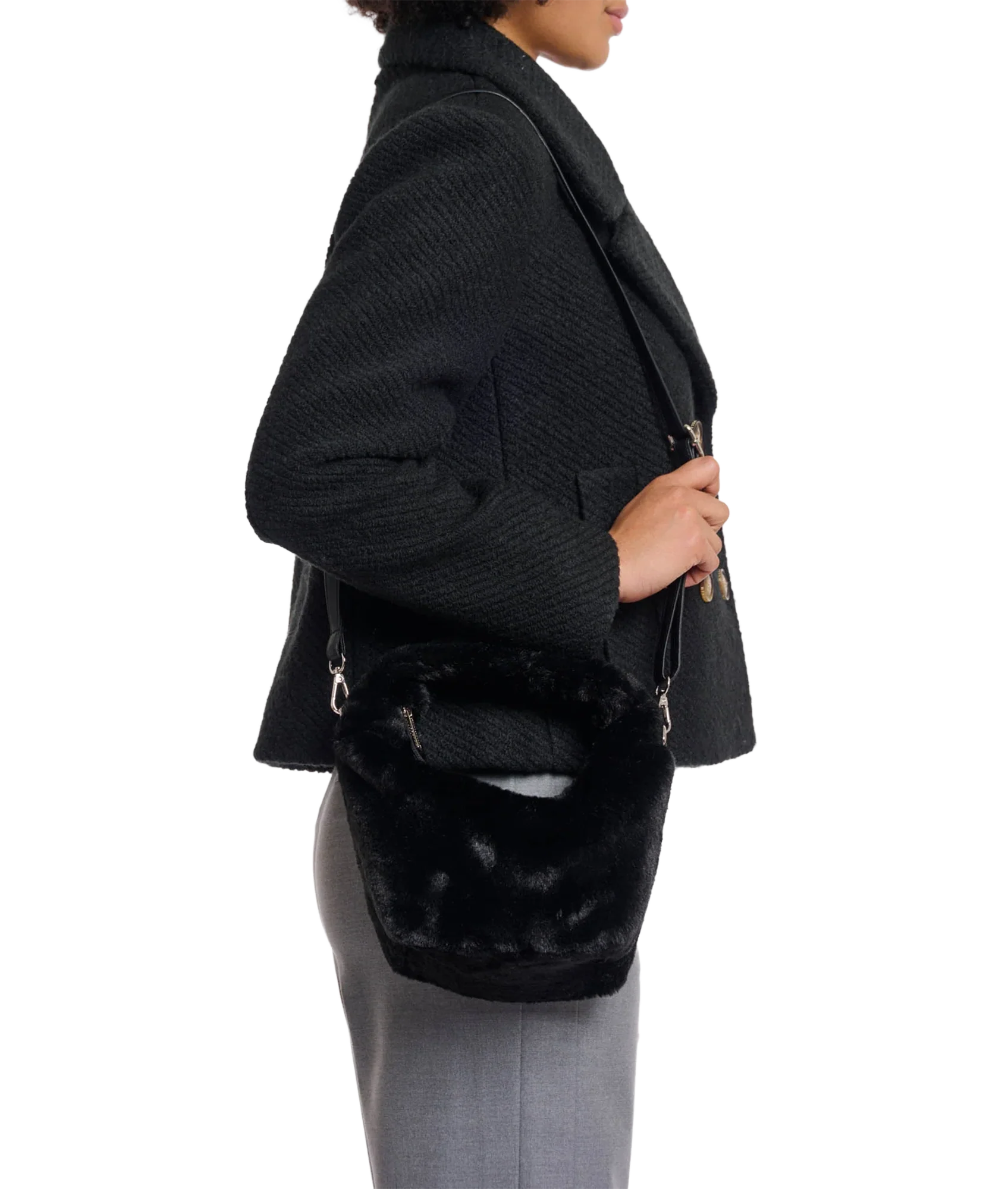 Small Faux Fur Crossbody Bag - Black - Image 2