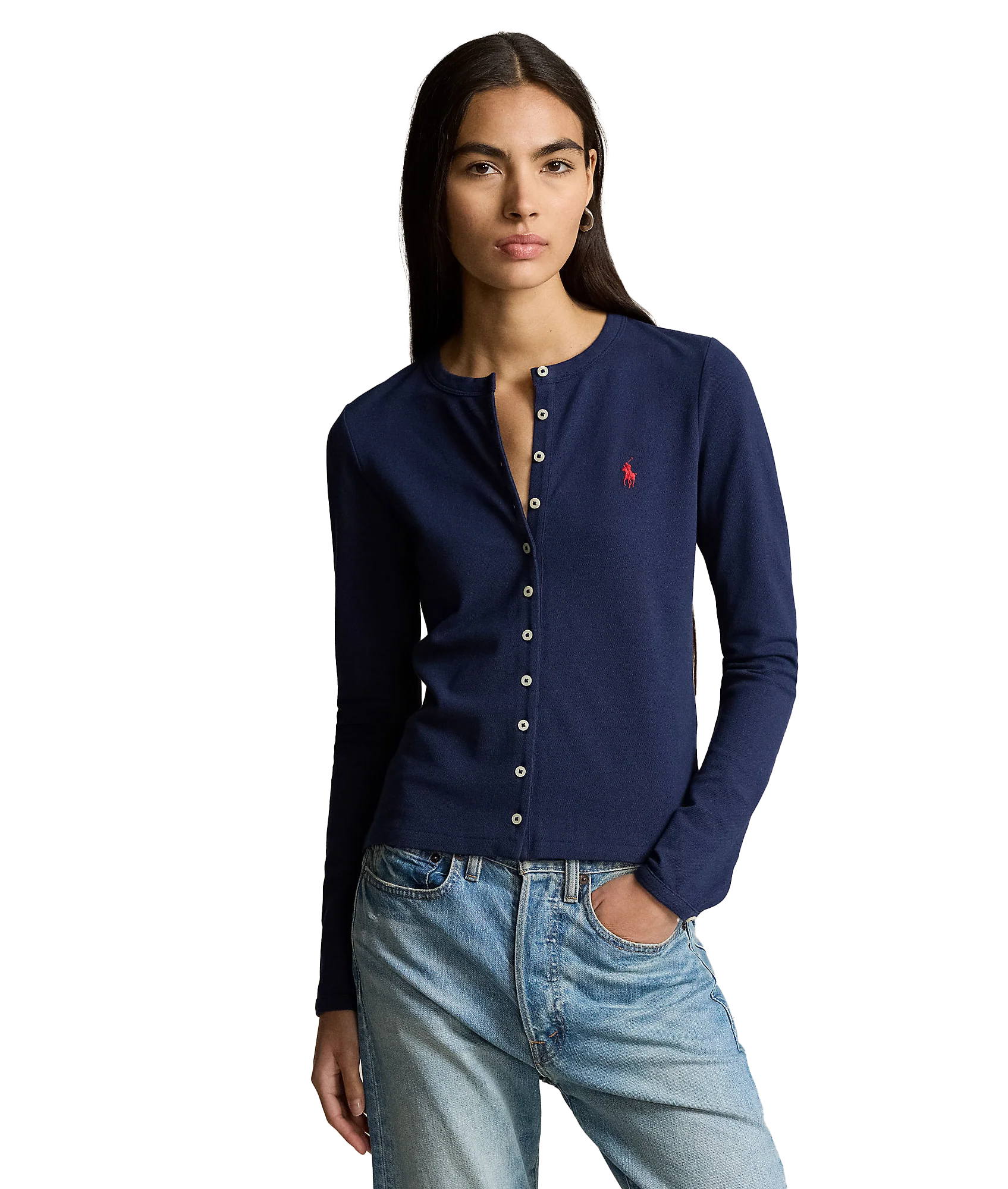 Stretch Mesh Cotton Crewneck Cardigan - Navy - Image 2