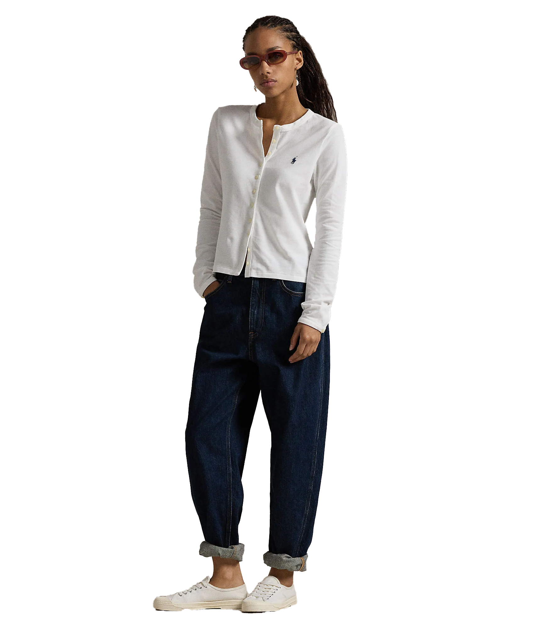 Stretch Mesh Cotton Crewneck Cardigan - White - Image 3