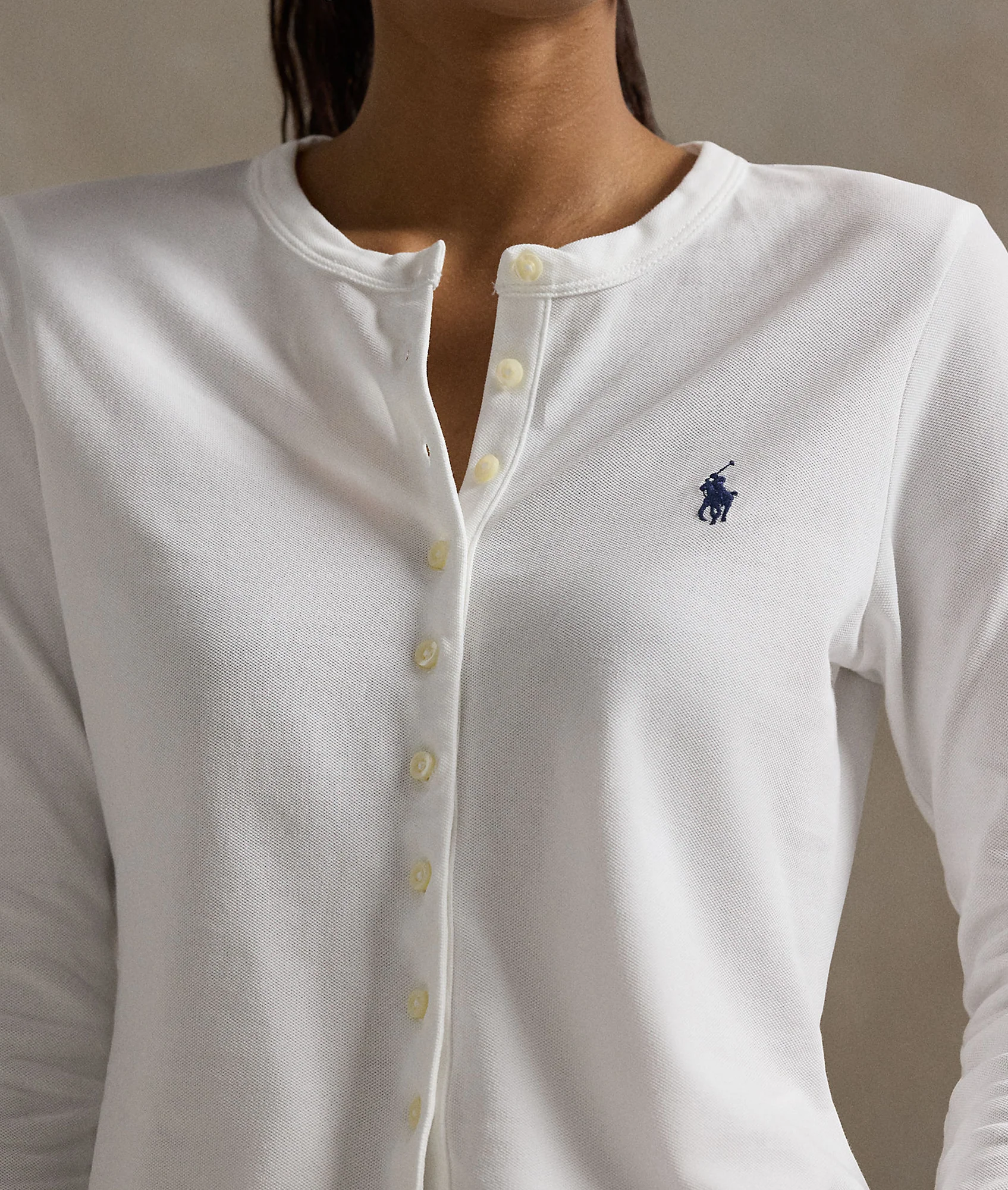 Stretch Mesh Cotton Crewneck Cardigan - White - Image 5
