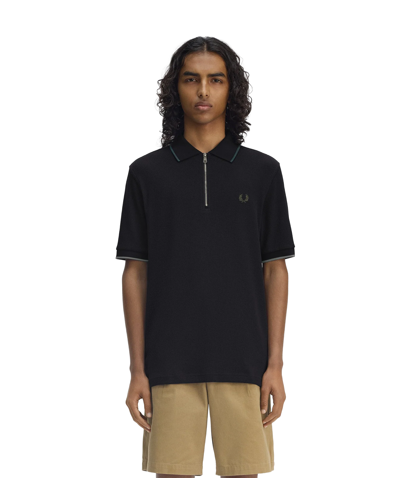Textured Zip Polo - Black - Image 3