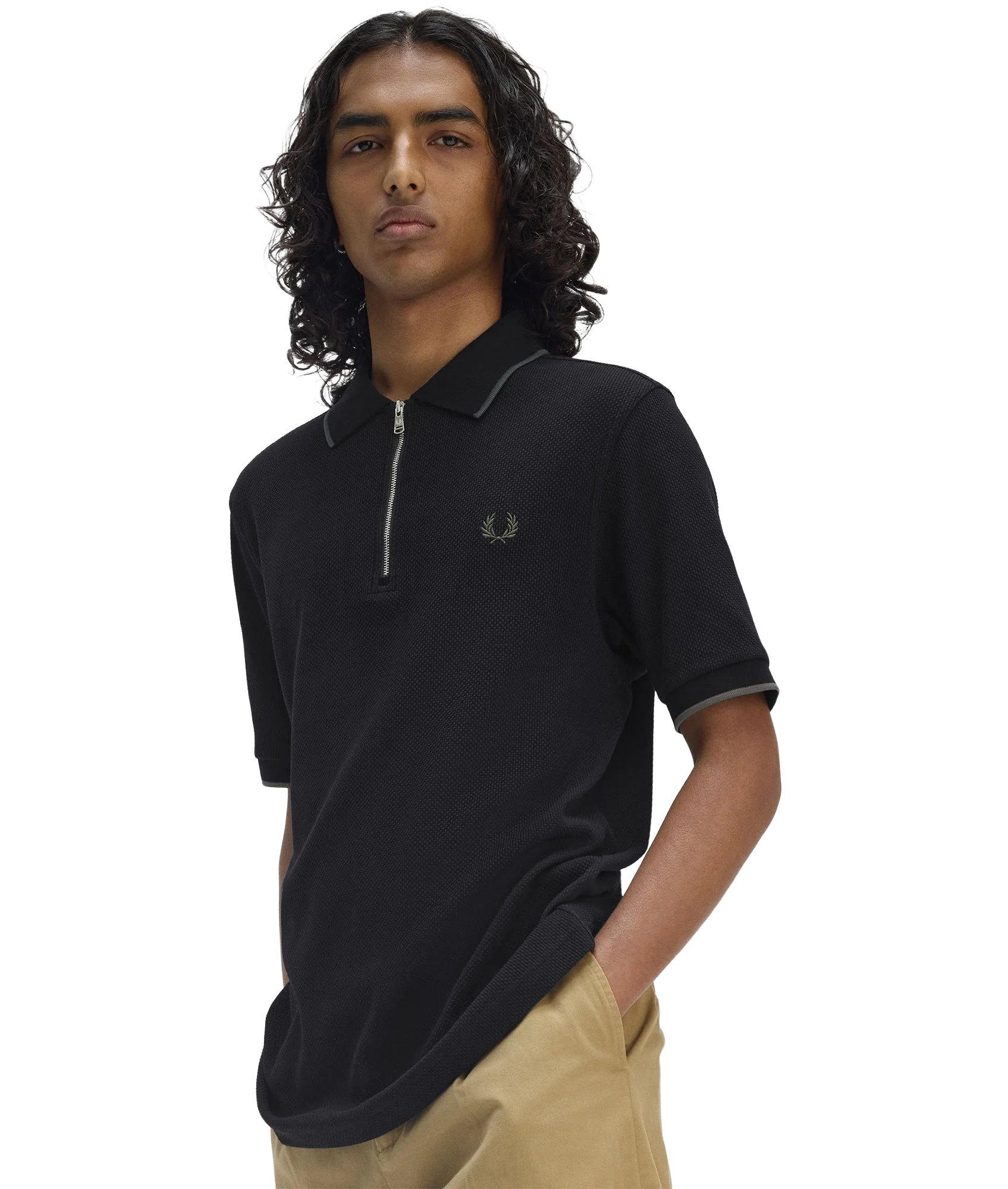 Textured Zip Polo - Black - Image 4