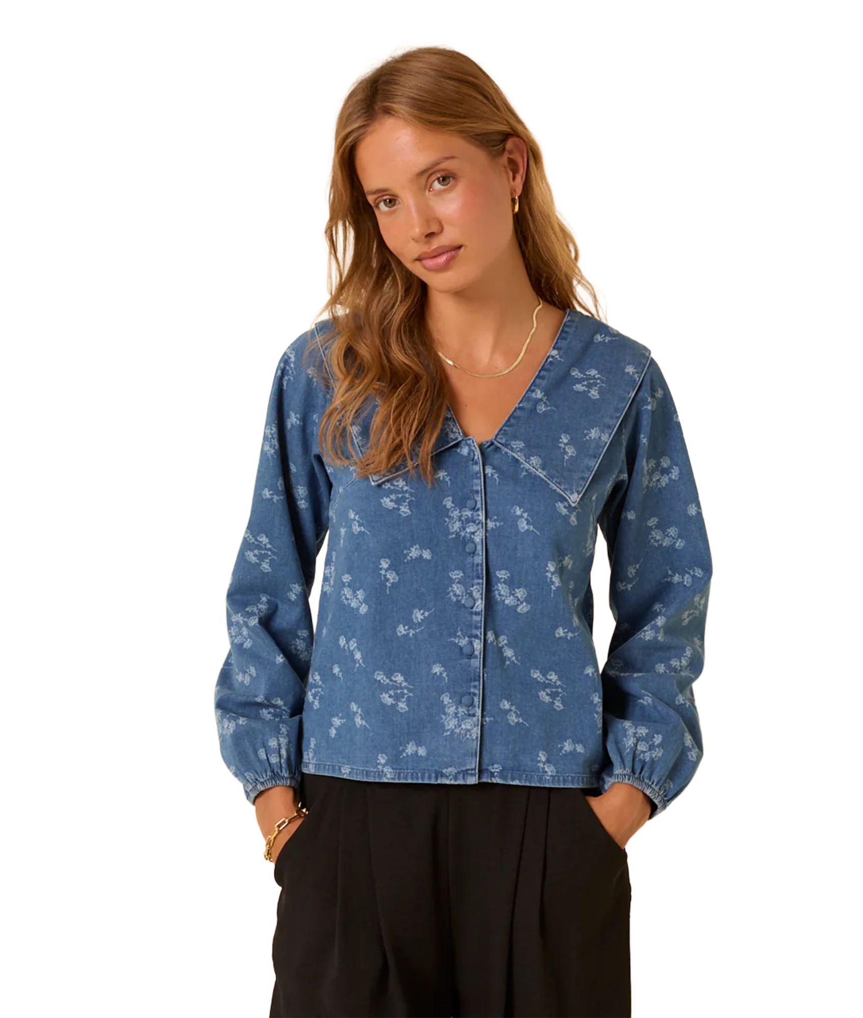 Towan Sailor Embroidered  Collar Blouse - Denim