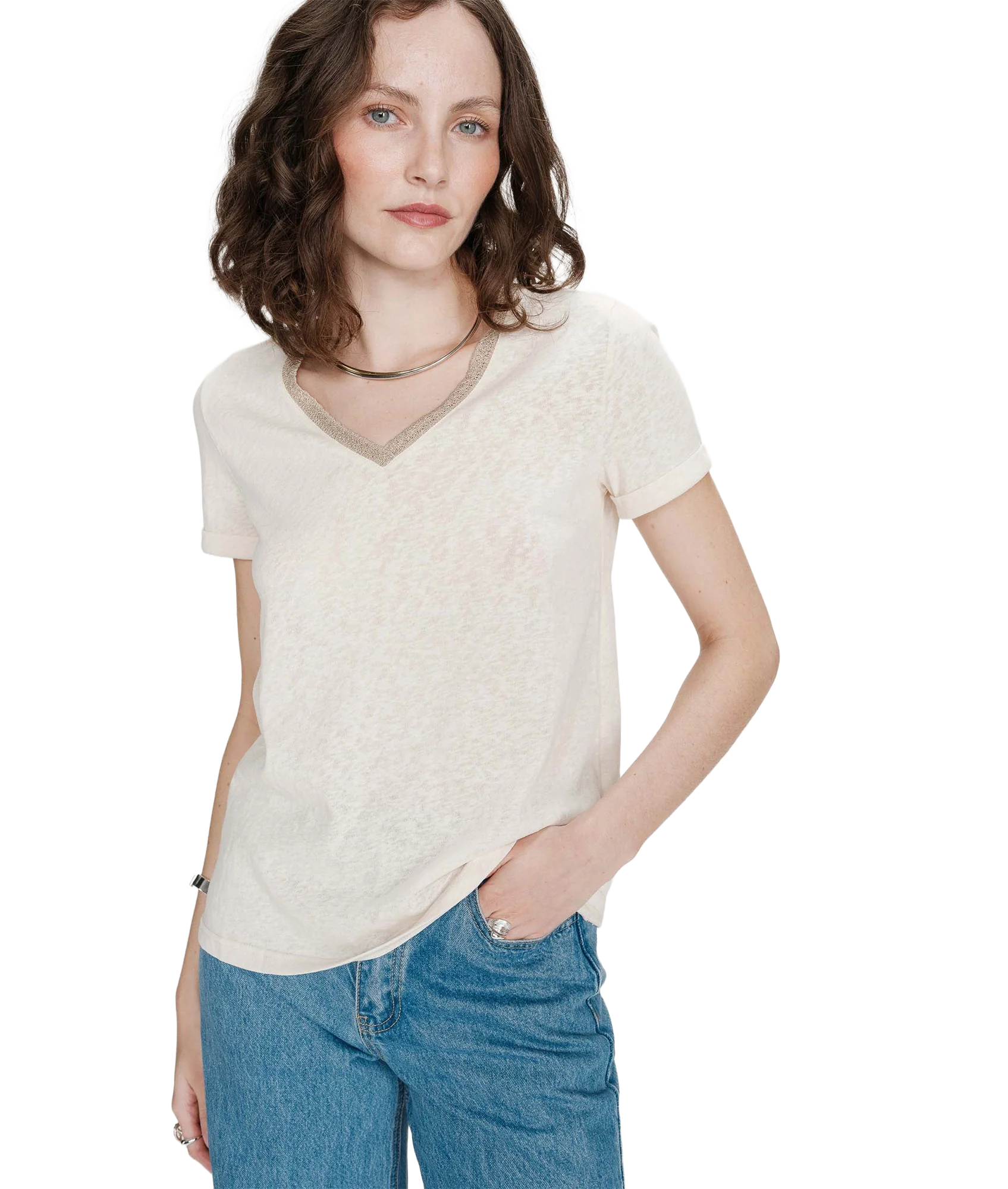 Vasco Lurex Trim V Neck Tee - Amande - Image 3